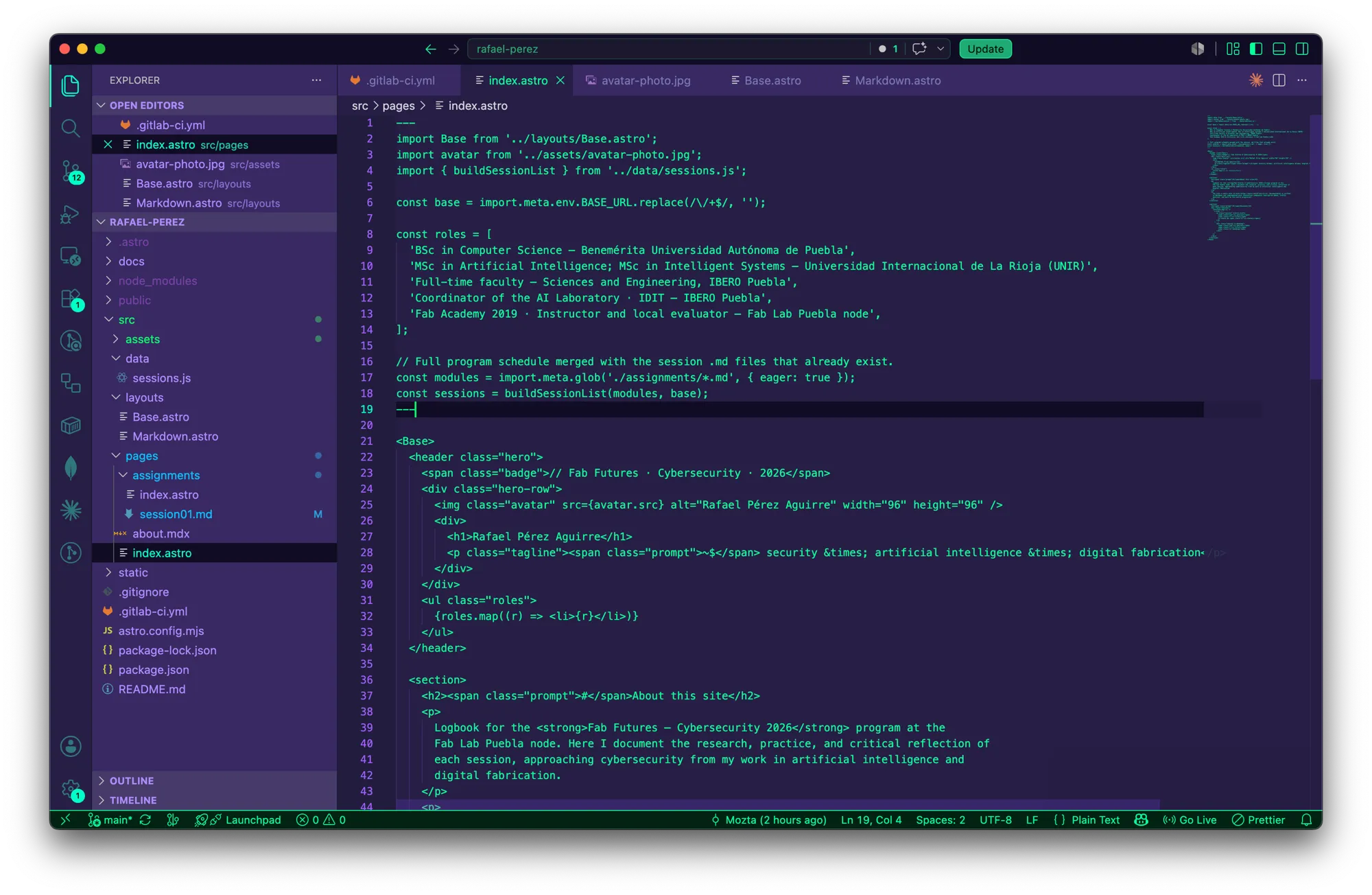 The Astro project in VS Code
