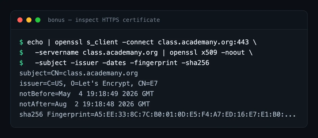 Inspecting the live site’s Let’s Encrypt certificate with openssl