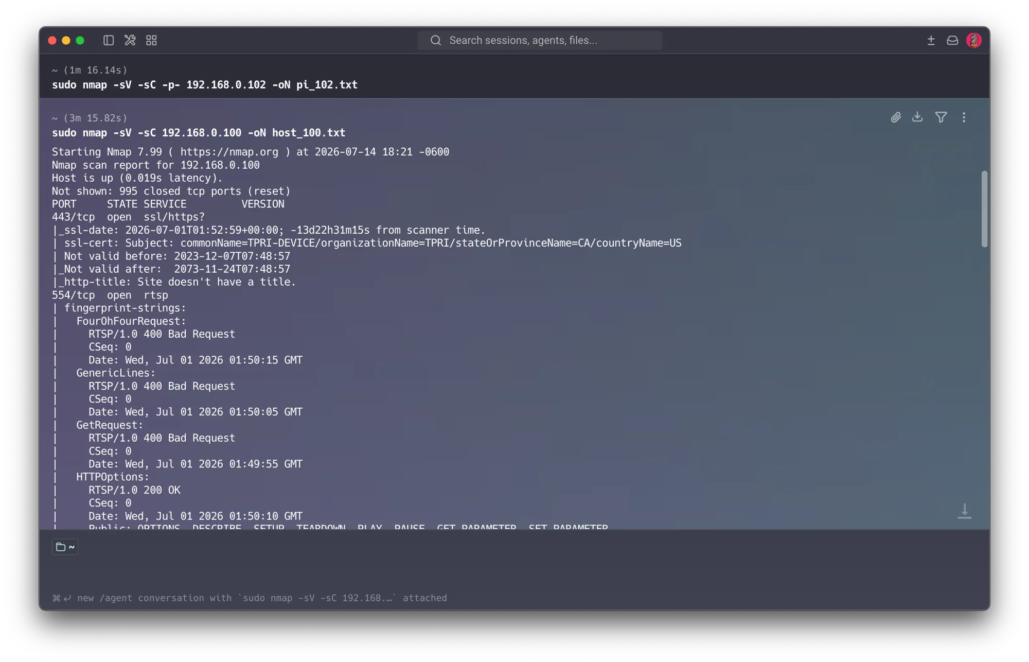 nmap service scan of the camera — TLS certificate commonName=TPRI-DEVICE valid from 2023 to 2073, clock skew of -13 days, and RTSP on port 554 responding OK to OPTIONS/DESCRIBE/SETUP/PLAY