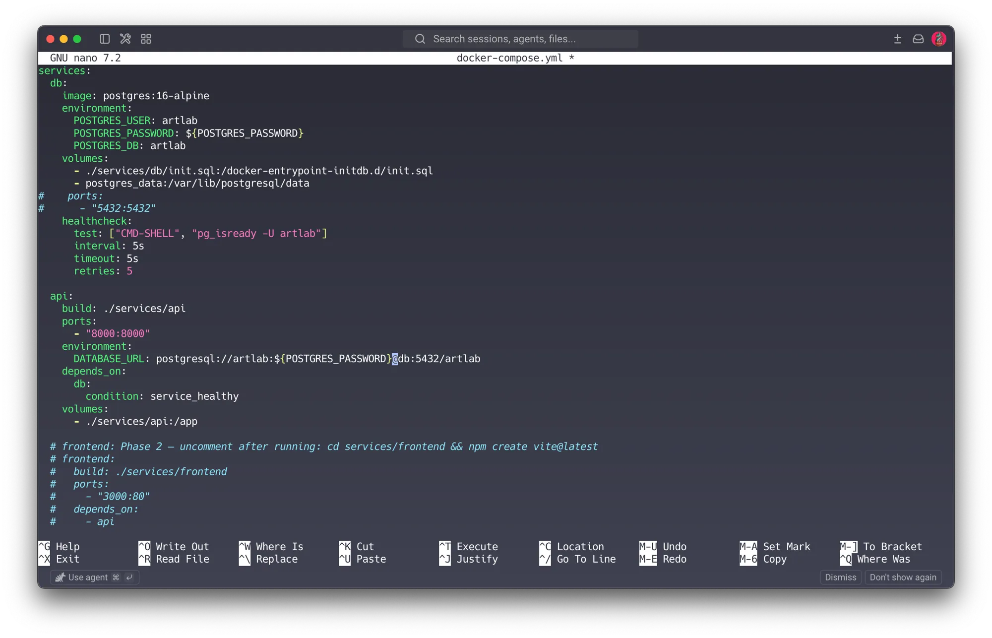 docker-compose.yml after the credentials fix — both POSTGRES_PASSWORD and DATABASE_URL now reference the POSTGRES_PASSWORD env var instead of a literal value