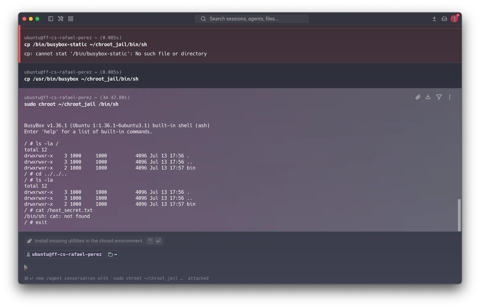 Course VM — inside the jail: cd ../../.. then ls -la shows the identical listing (still stuck at jail root); cat /host_secret.txt returns /bin/sh: cat: not found; exit returns to the host shell
