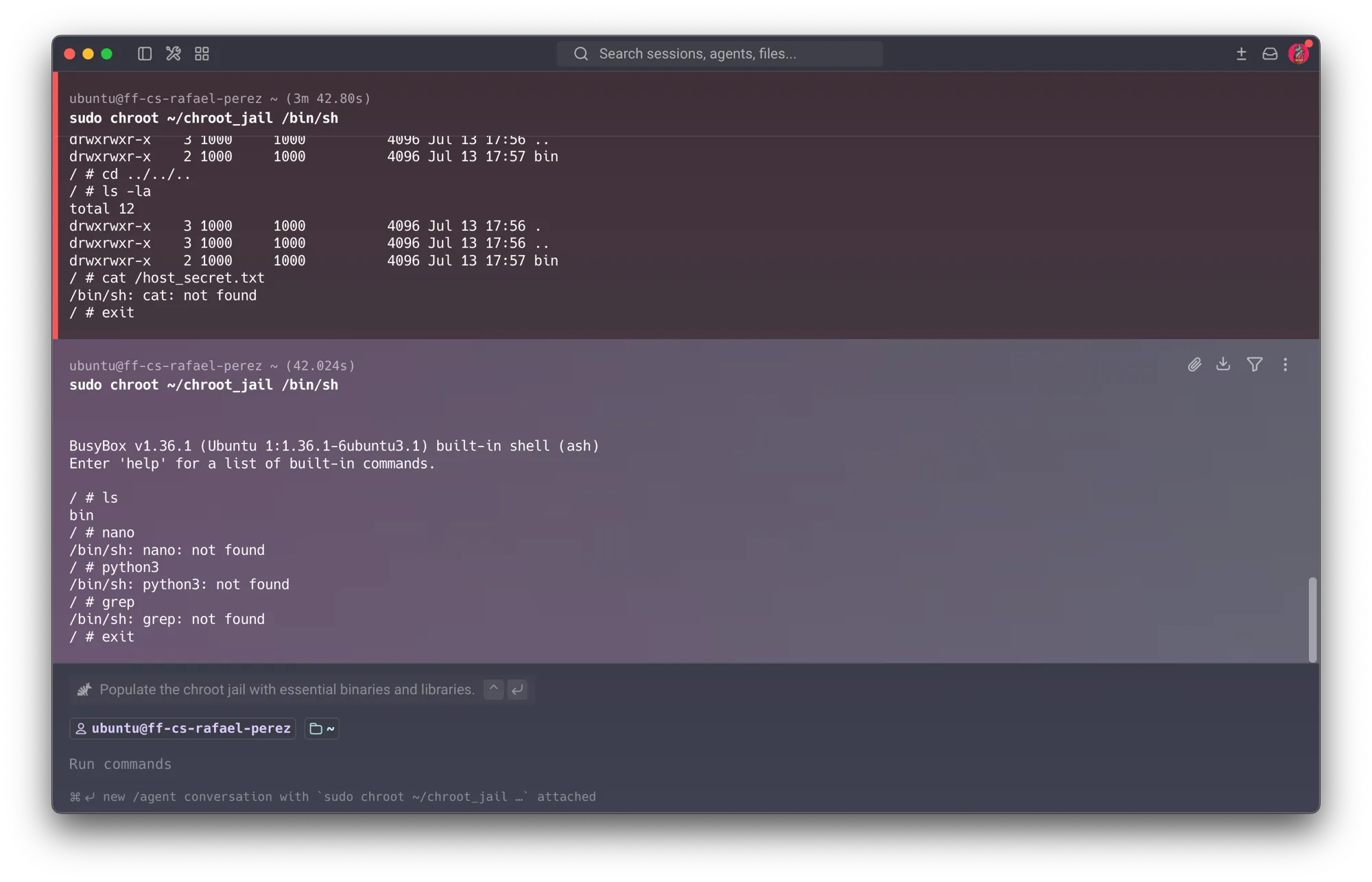 Course VM — fresh chroot entry: nano, python3, and grep all report not found — only the copied BusyBox sh exists in this jail