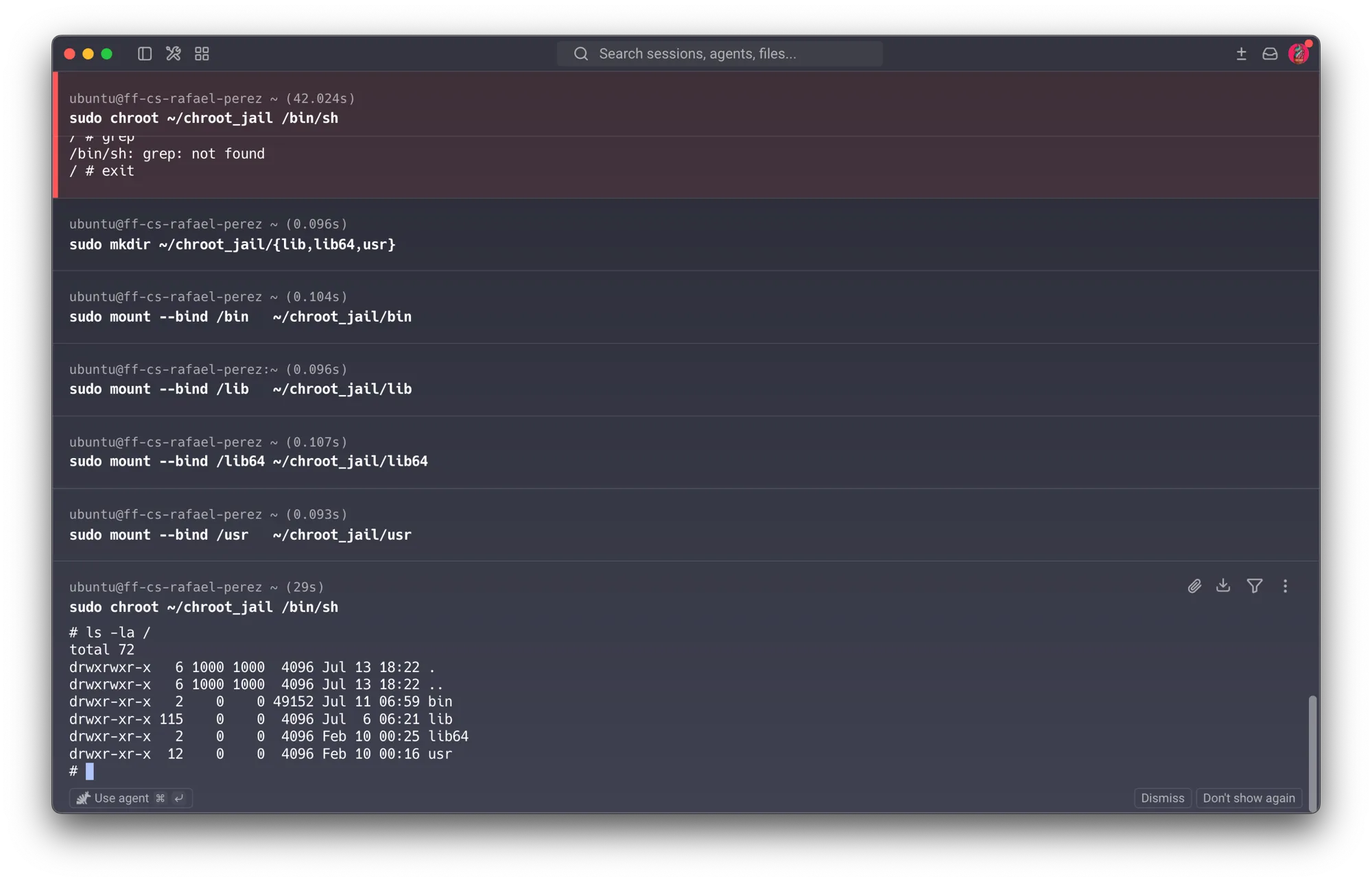 Course VM — re-entering the jail: ls -la / now shows bin, lib (115 entries), lib64, usr, all owned by root with real host sizes — the bind mounts are live