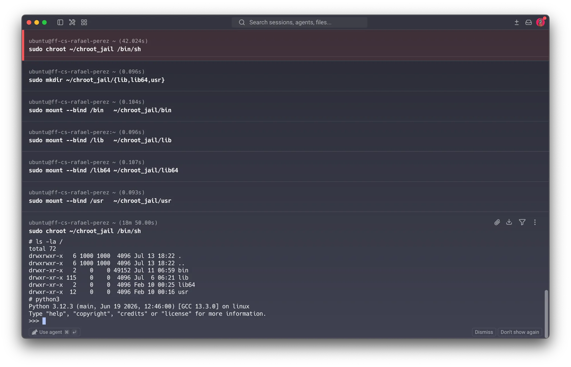 Course VM — python3 starts a real interpreter inside the jail (Python 3.12.3), confirming the dynamic linker and shared libraries now resolve correctly