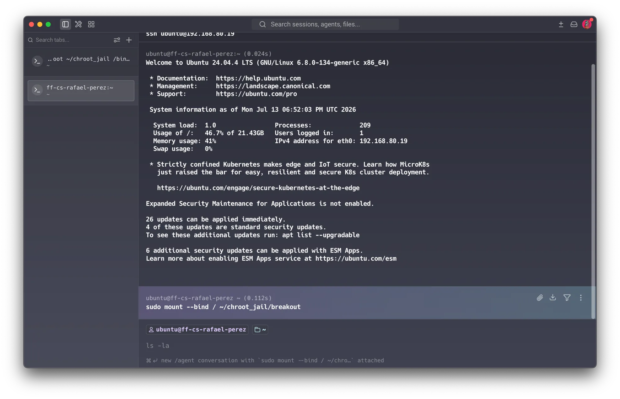 Second SSH session, never chrooted — fresh login banner, then sudo mount --bind / ~/chroot_jail/breakout, binding the real host root into the jail from outside it