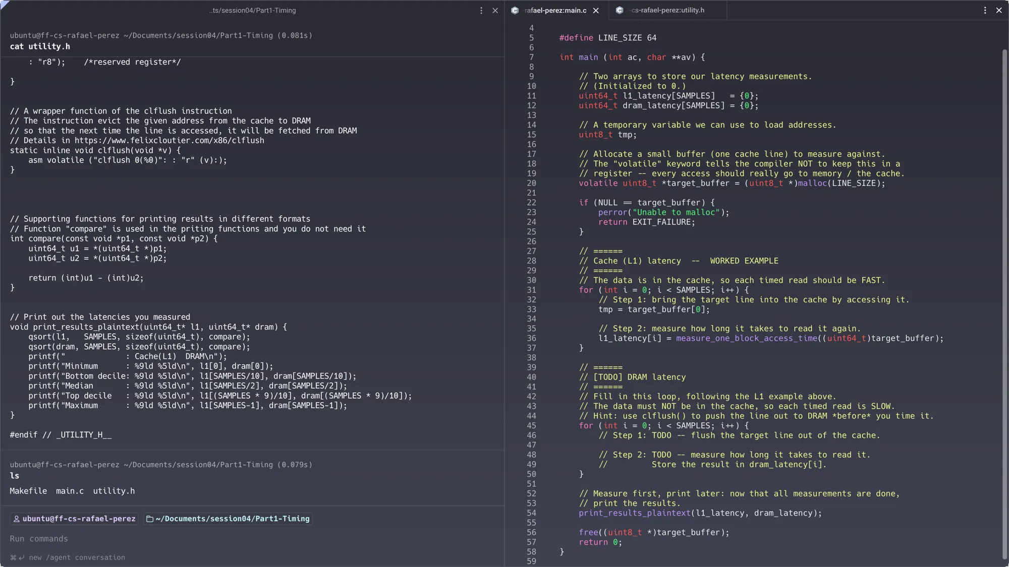 Completed main.c with the DRAM loop filled in (right panel) and make run queued in the terminal (left panel) — the fix adds clflush((void *)(uint64_t)target_buffer) before each measurement