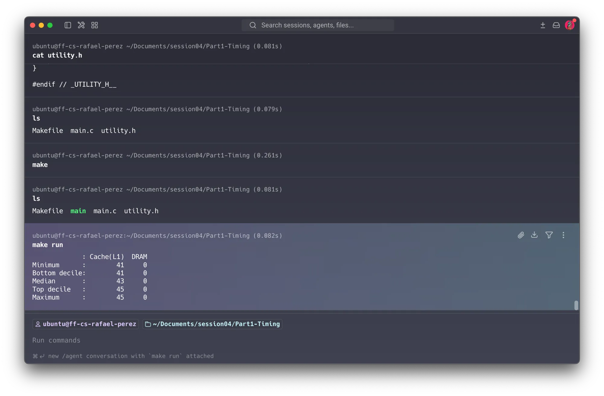 First make run showing DRAM column all zeros (L1: min=41, median=43 correct; DRAM=0 wrong) — alongside the editor showing the filled-in loop with the correct double cast for clflush