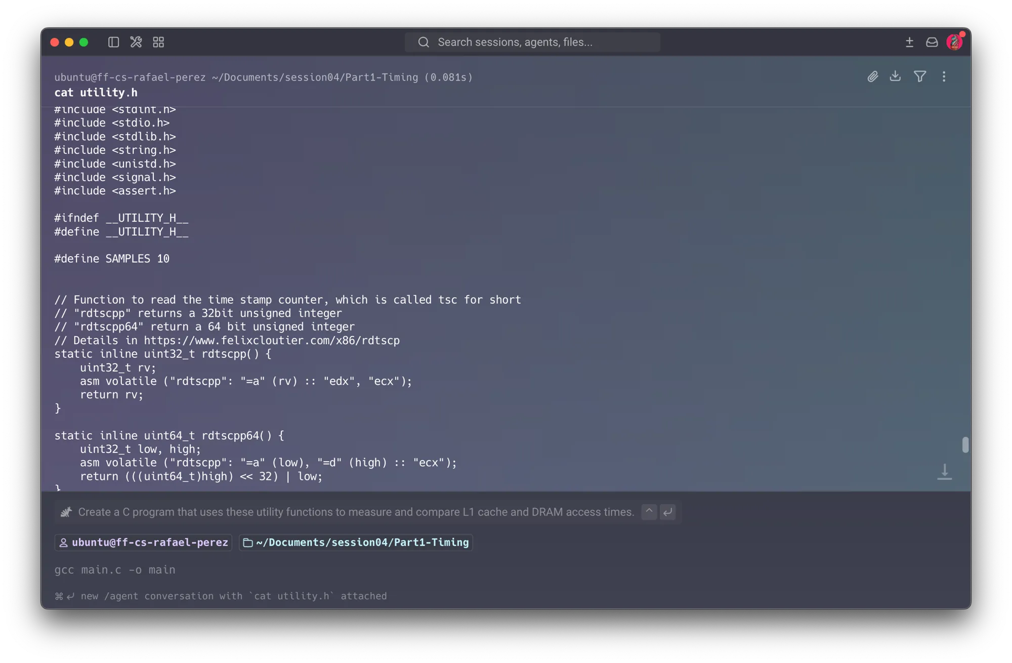 cat utility.h — rdtscp and rdtscp64 inline assembly wrappers, clflush wrapper, compare helper, and print_results_plaintext — the timing and measurement infrastructure for Part 1