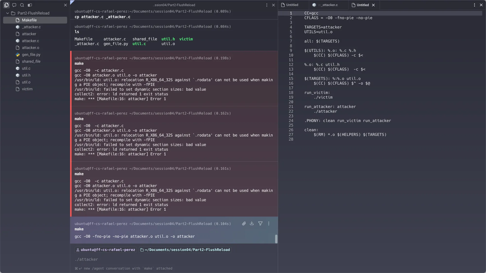 Makefile updated to CFLAGS = -O0 -fno-pie -no-pie (right) — terminal shows clean build, python3 gen_file.py creating the shared buffer, and make run_victim → victim prints Flag: 95