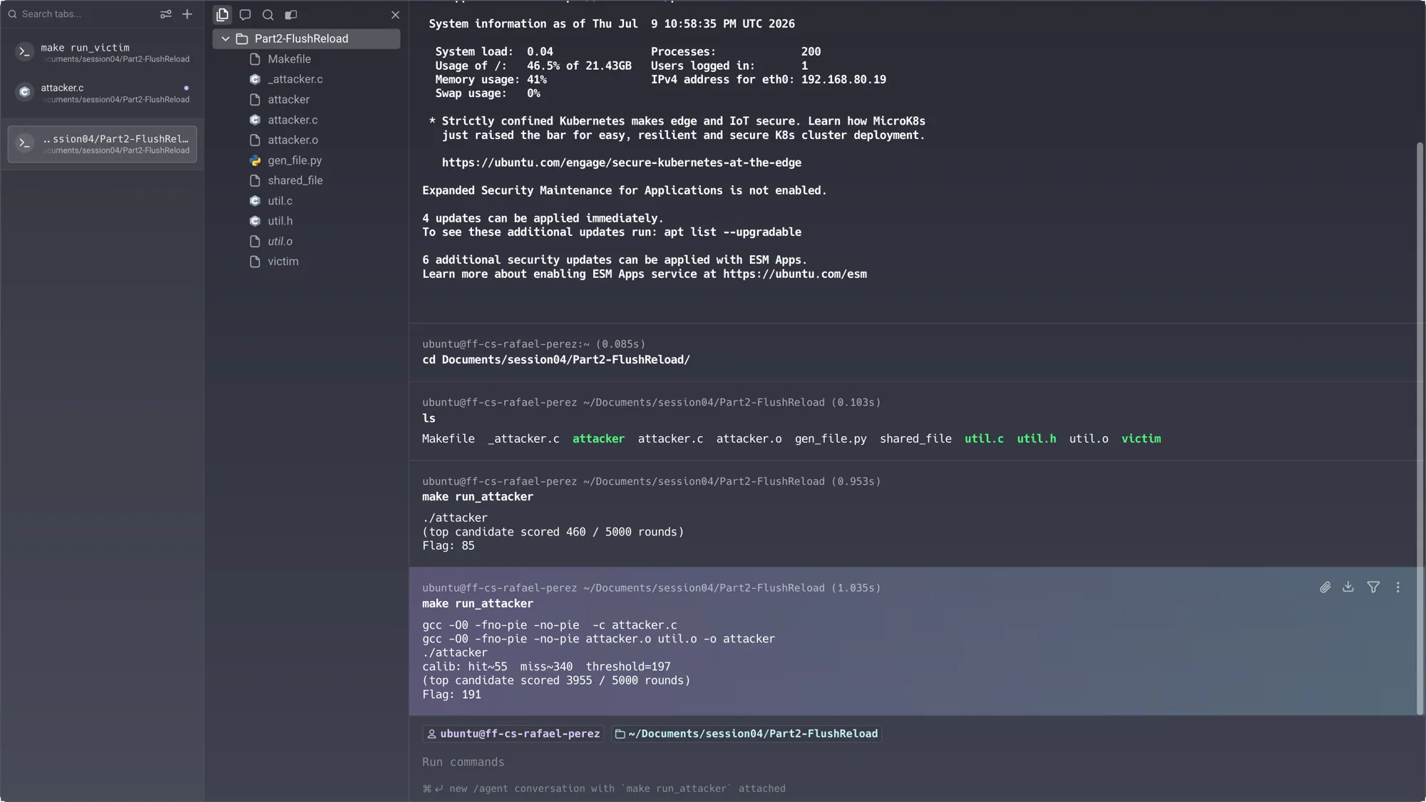 SSH terminal 2 — both runs side-by-side: first (hardcoded, 460/5000), then with calibration: “calib: hit55 miss380 threshold=197”, “top candidate scored 3955 / 5000 rounds” — correct flag recovered
