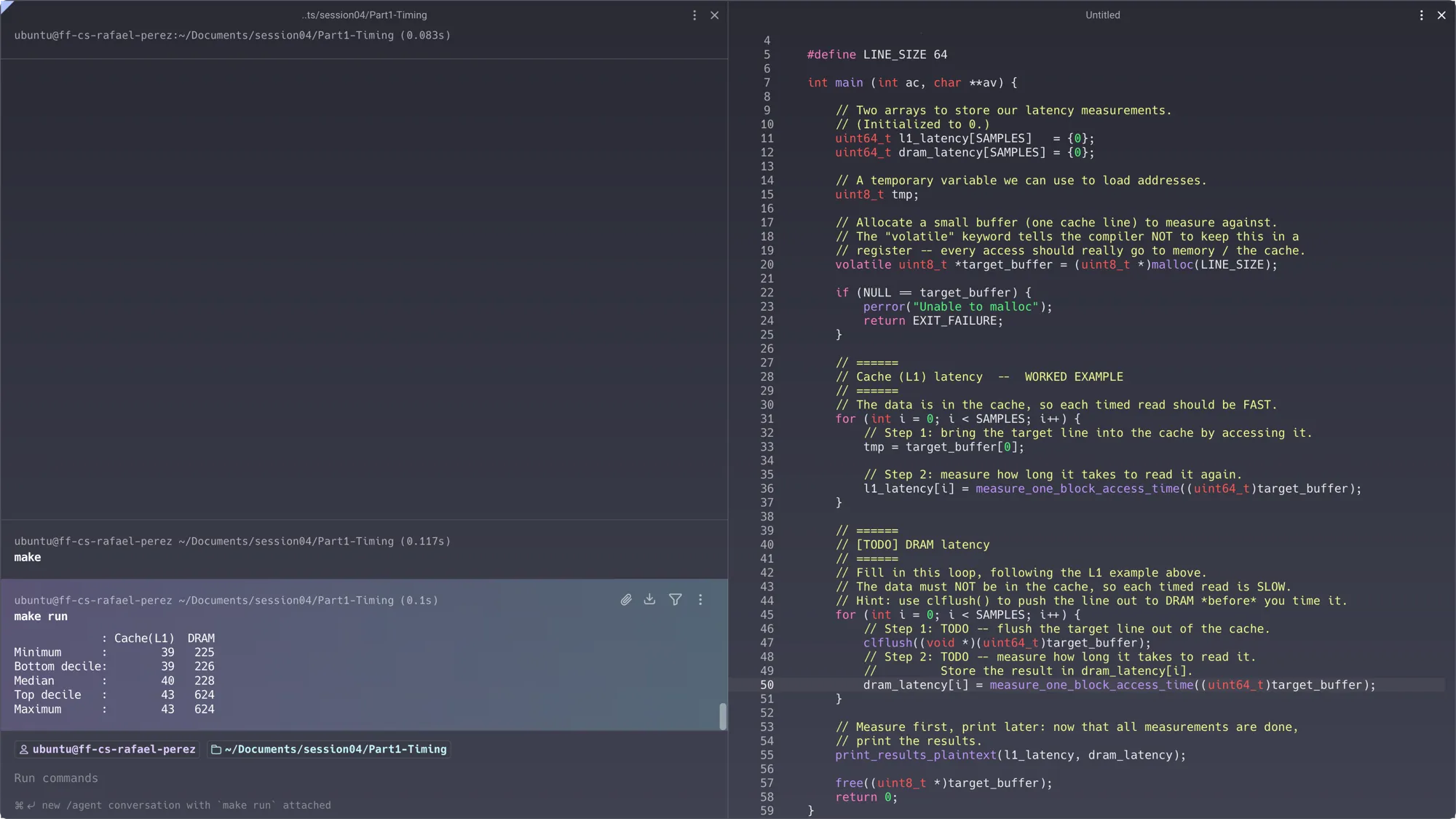 Correct Part 1 make run output: Cache(L1) min=39 median=39 max=43 cycles; DRAM min=225 median≈228 top-decile=624 cycles — a clean >5× gap that sets the hit/miss threshold