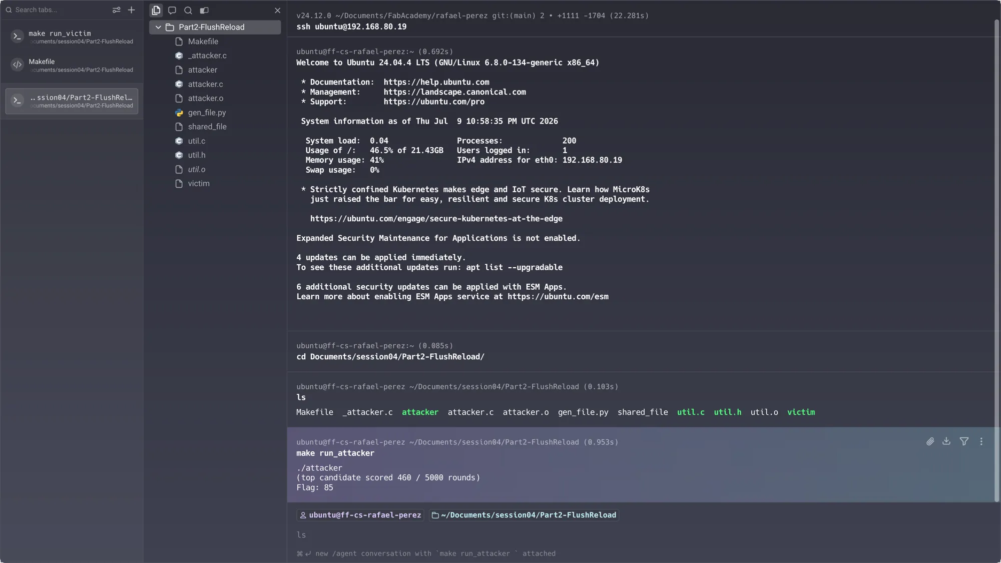 SSH terminal 2 — make run_attacker with hardcoded THRESHOLD=100: “top candidate scored 460 / 5000 rounds, Flag: 85” while the victim holds a different flag — low score confirms the threshold is wrong