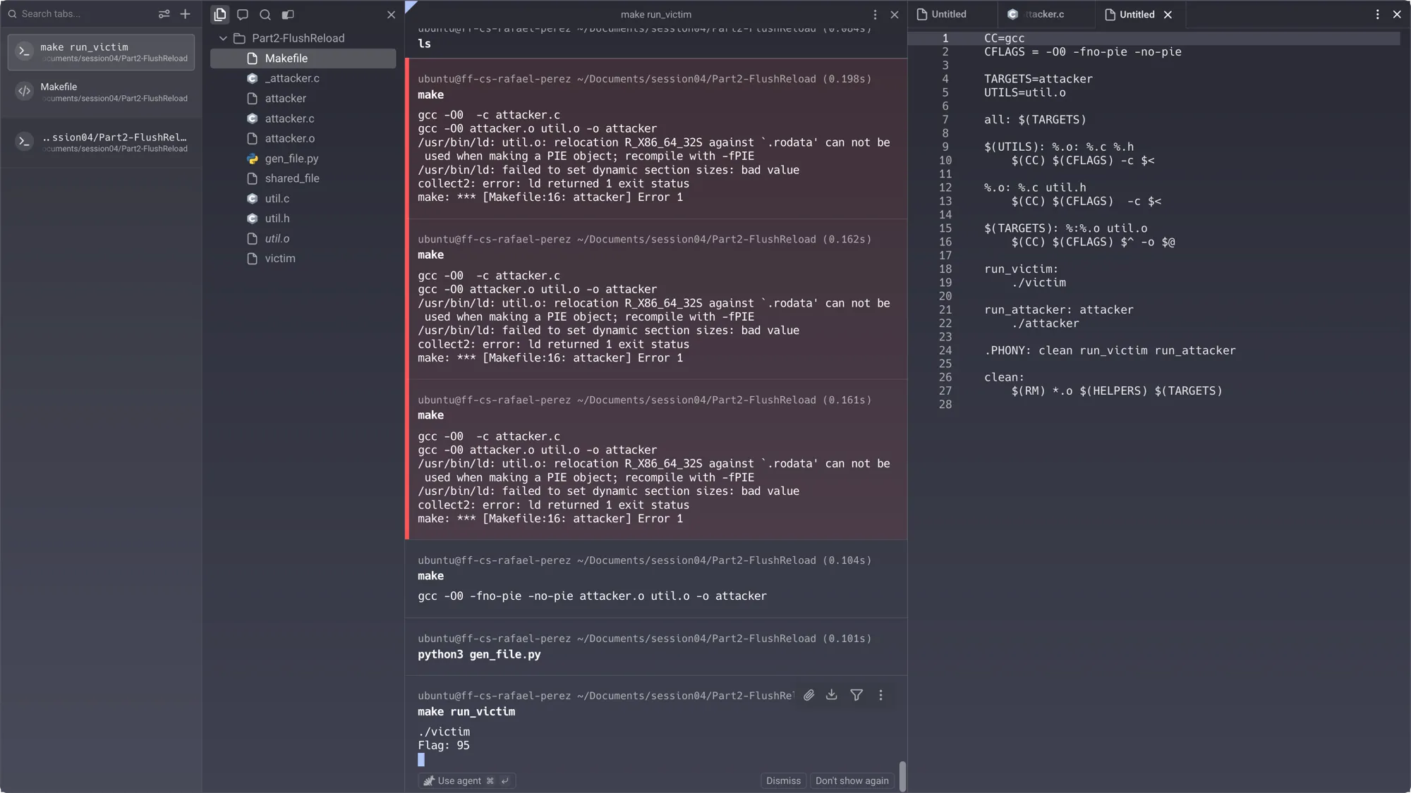 Victim terminal: first make run_victim → Flag: 95 (interrupted with Ctrl-C); python3 gen_file.py regenerates shared buffer; second make run_victim → Flag: 191