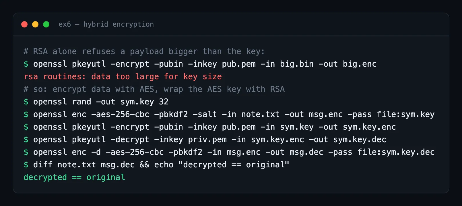 RSA refusing a large payload, then a full hybrid encryption round-trip