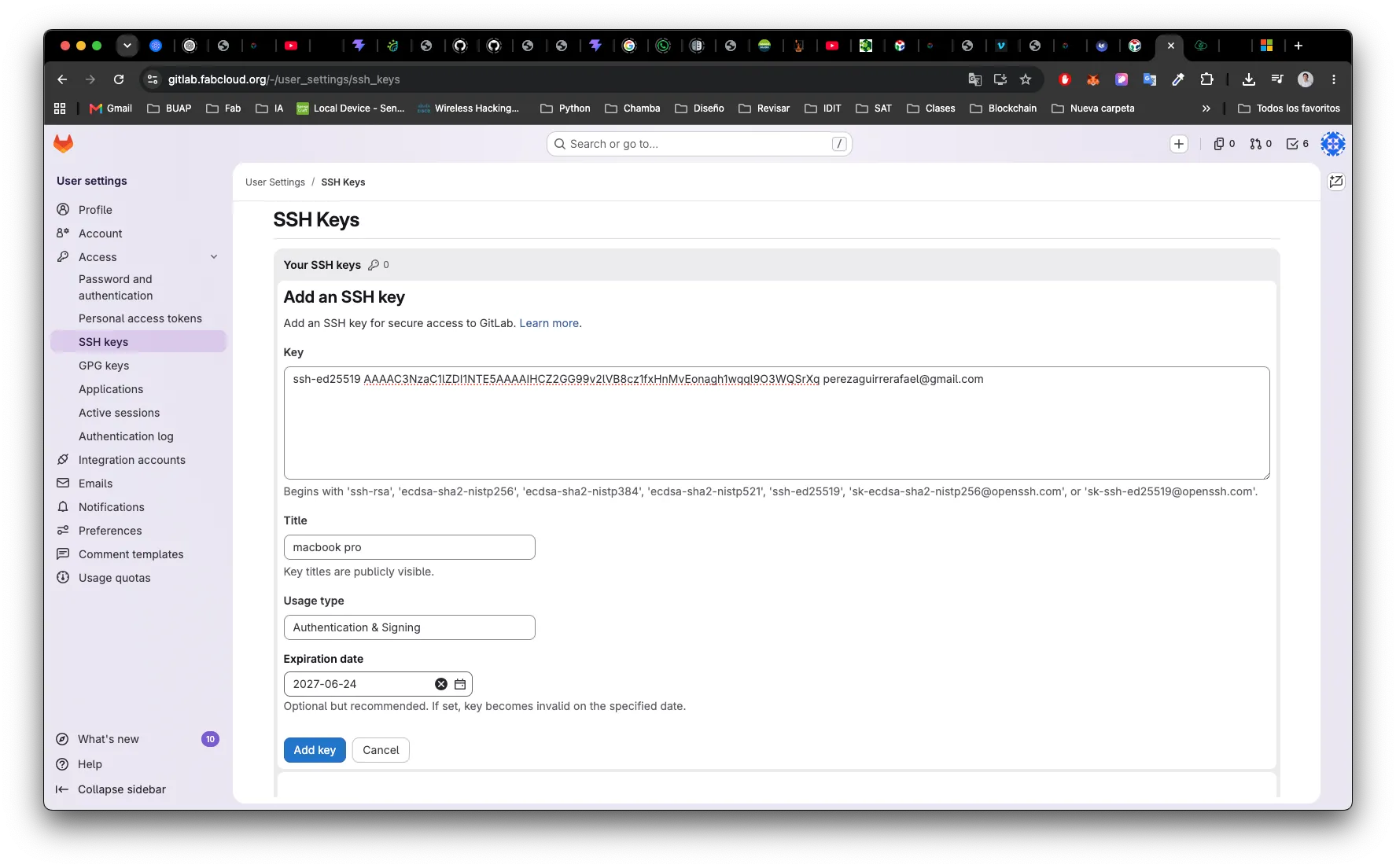 Adding the public SSH key to GitLab