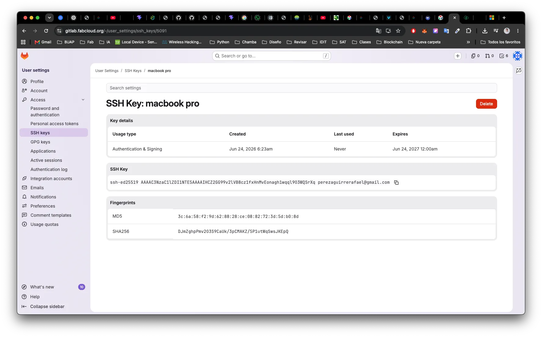 The stored key’s details and fingerprints on GitLab