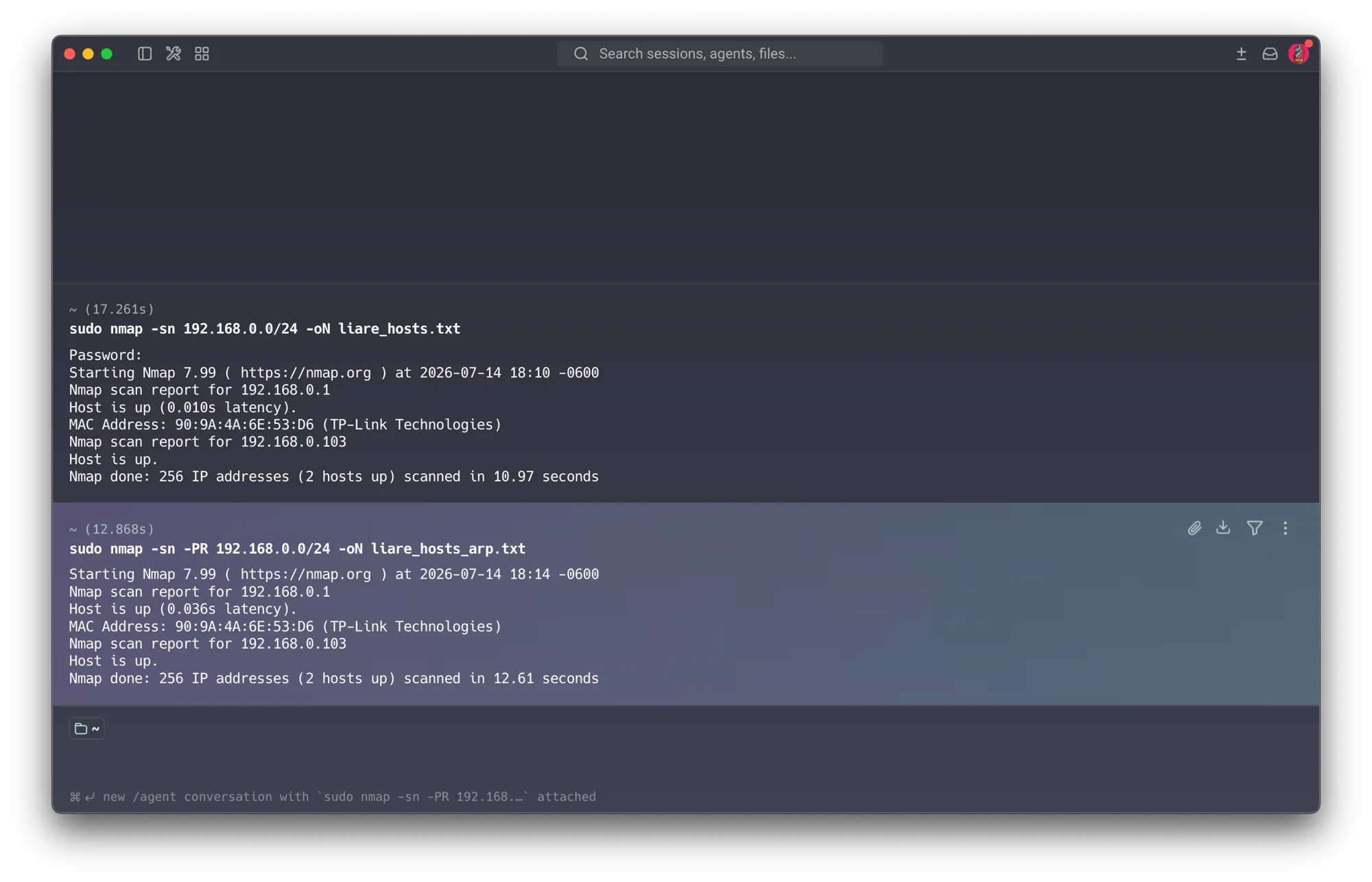 ARP-based discovery (-PR) run right after — also returns only 2 hosts up at that moment, underscoring that no single discovery method is fully reliable