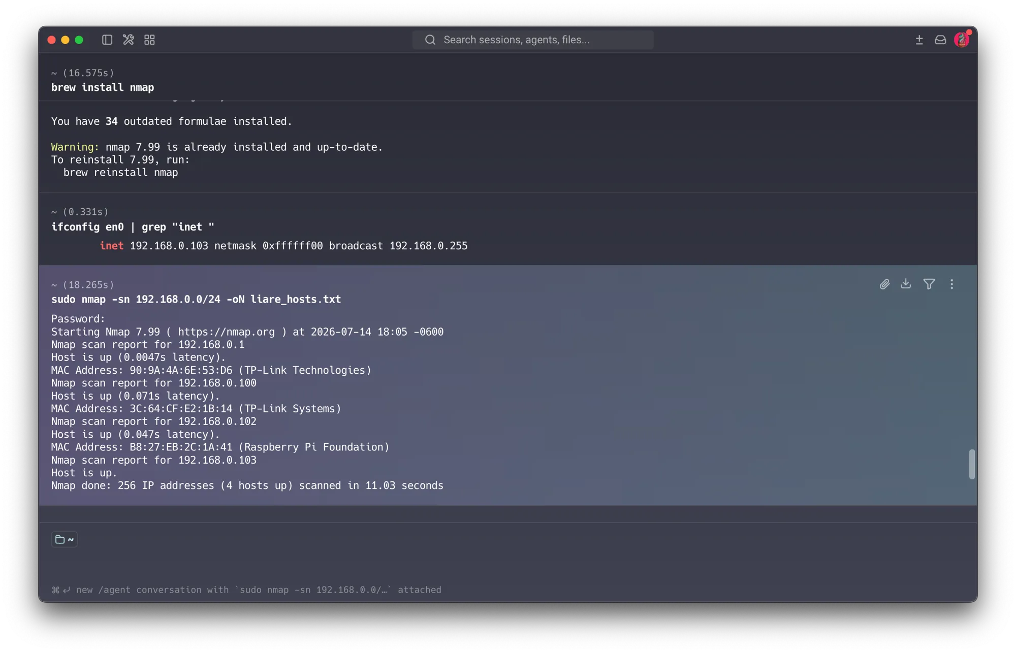 First host-discovery run — nmap ping sweep finds 4 hosts up: .1 (router), .100 (camera), .102 (Pi), .103 (analyst host)