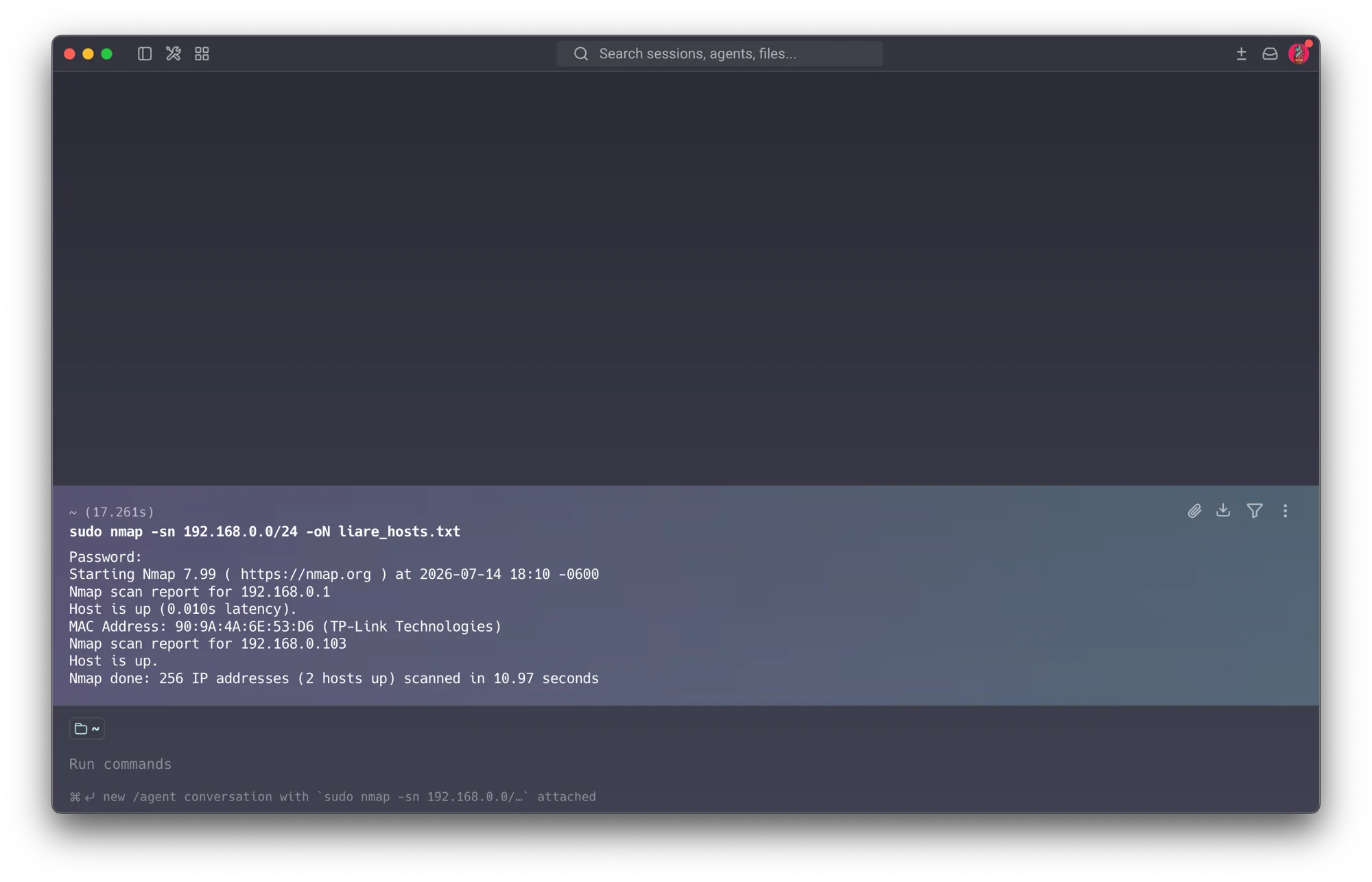 Second host-discovery run, moments later — the same sweep now finds only 2 hosts up: .1 and .103