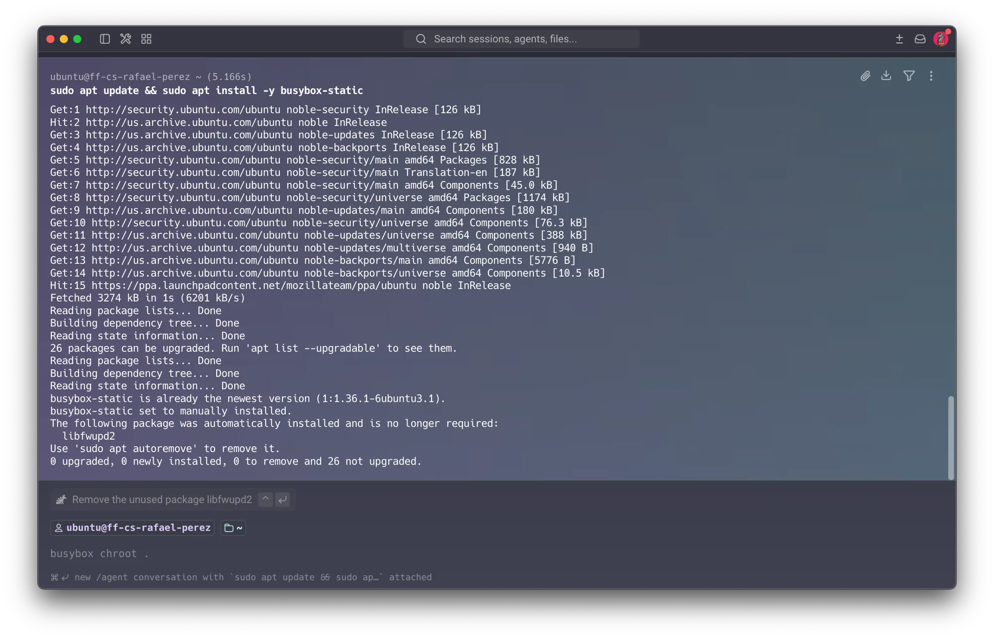 Course VM — sudo apt install -y busybox-static: package already at the newest version (1:1.36.1-6ubuntu3.1), set to manually installed