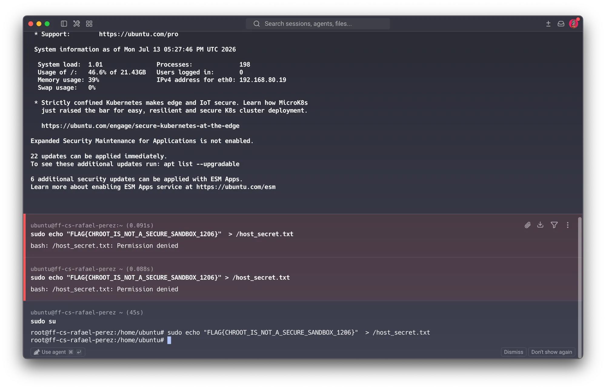 Course VM — two failed attempts at sudo echo "..." > /host_secret.txt (Permission denied), then sudo su followed by a plain echo that succeeds as root