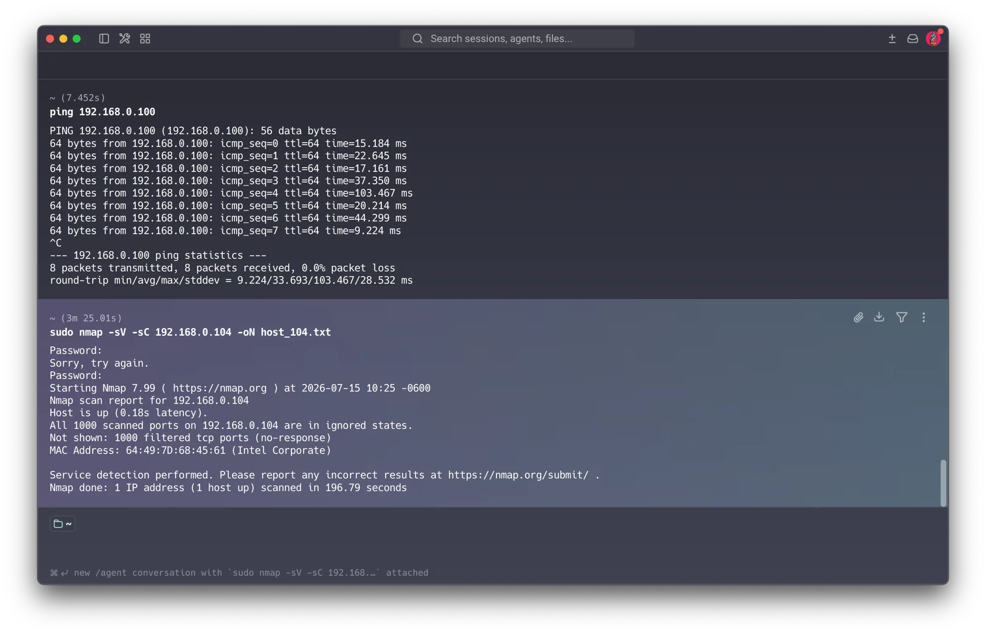 Full scan of the work laptop — all 1000 scanned ports come back filtered (no-response); the host never appeared in discovery either