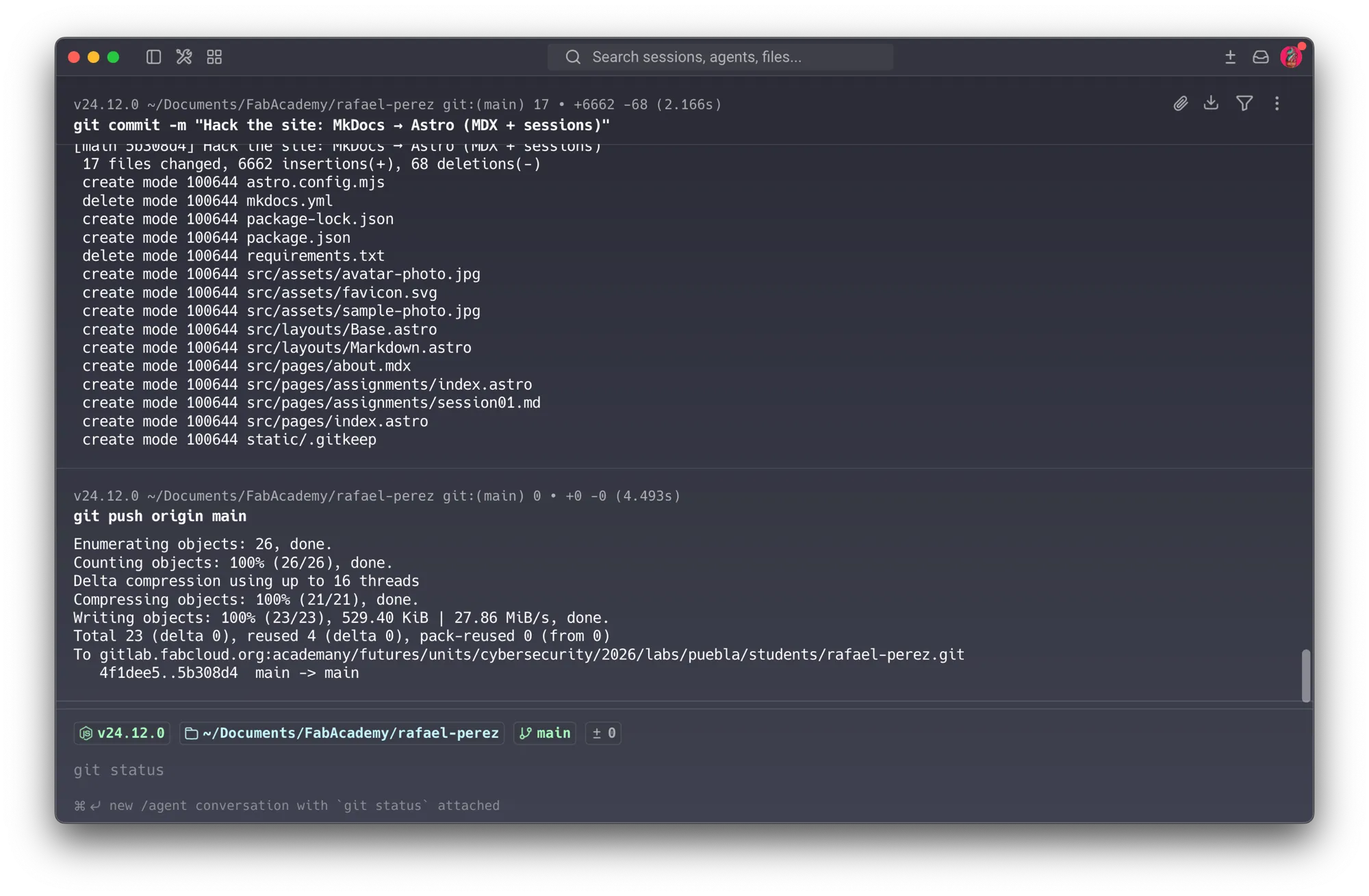 The migration commit and push to GitLab