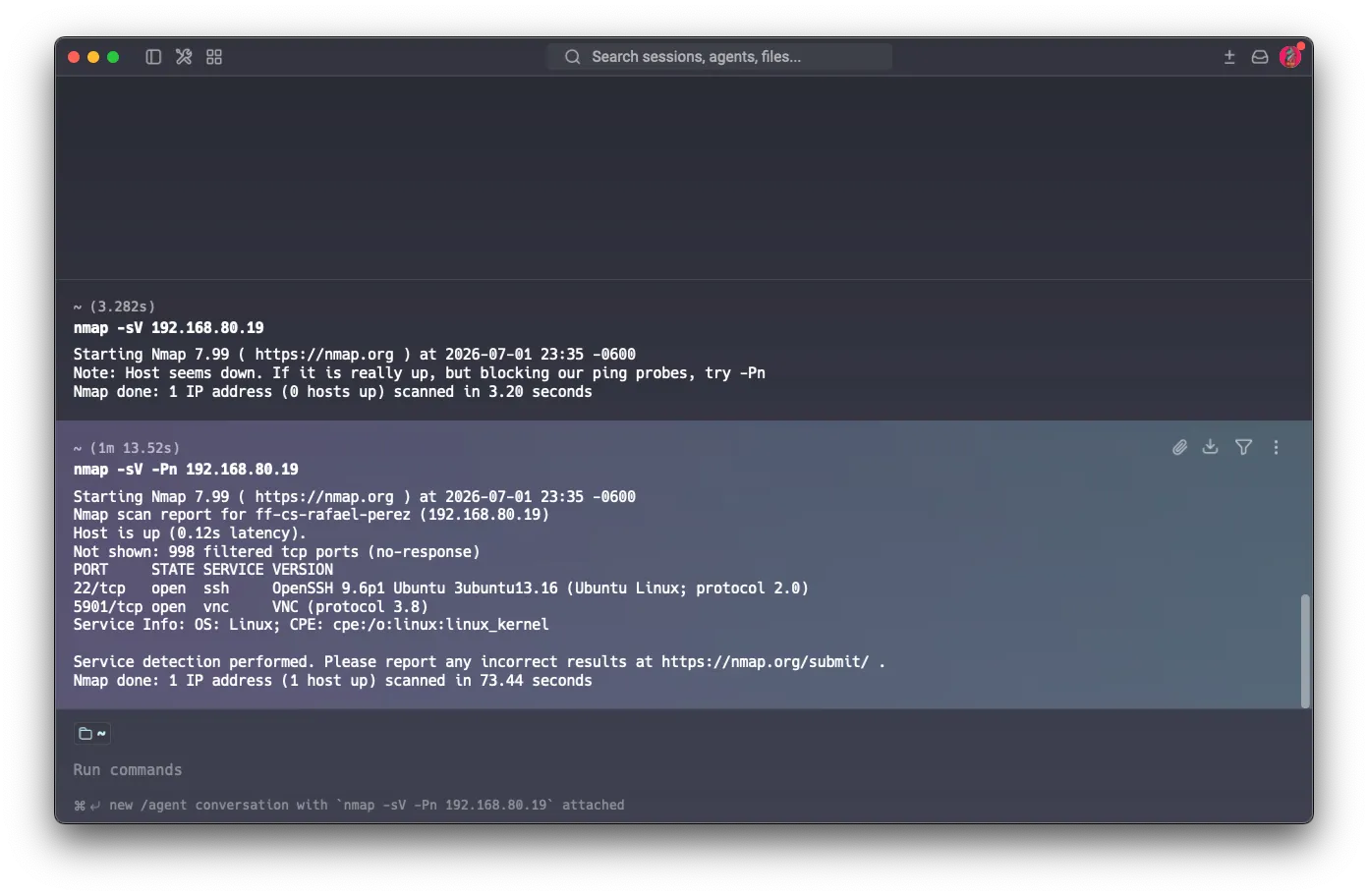 Both scans side by side: nmap -sV without -Pn (“Host seems down”) and nmap -sV -Pn showing 998 filtered (no-response)
