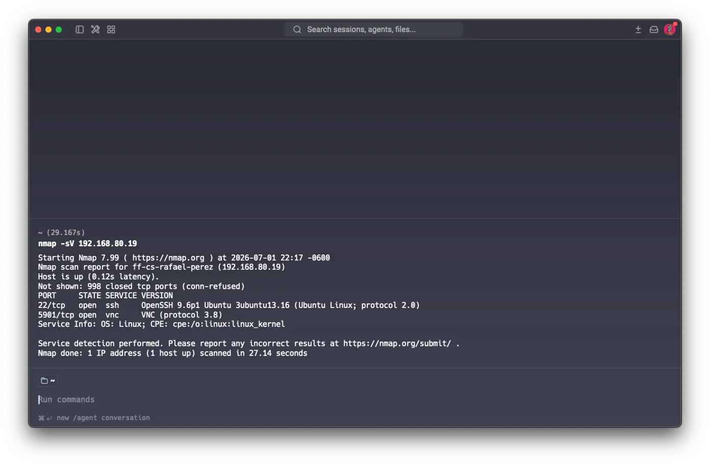 nmap -sV scan showing SSH and VNC open, 998 closed (conn-refused)