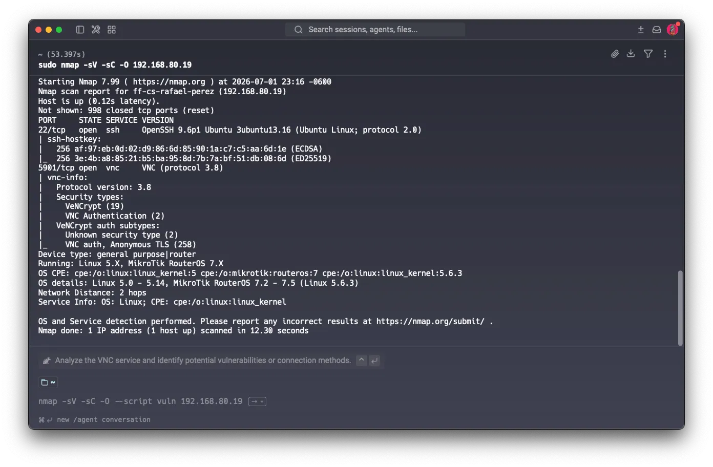 nmap -sV -sC -O revealing SSH host keys and VNC security types (VeNCrypt/TLS)