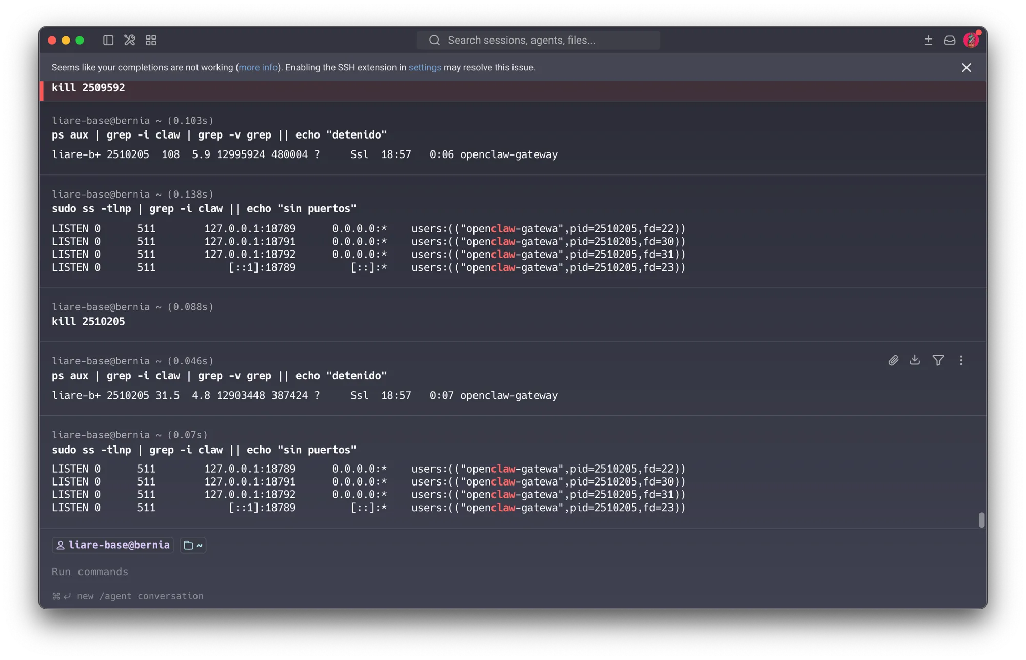 First attempt: killing the reported PID doesn’t stick — ps aux still shows openclaw-gateway running, and ss -tlnp shows it listening on four loopback-only ports (18789–18792)