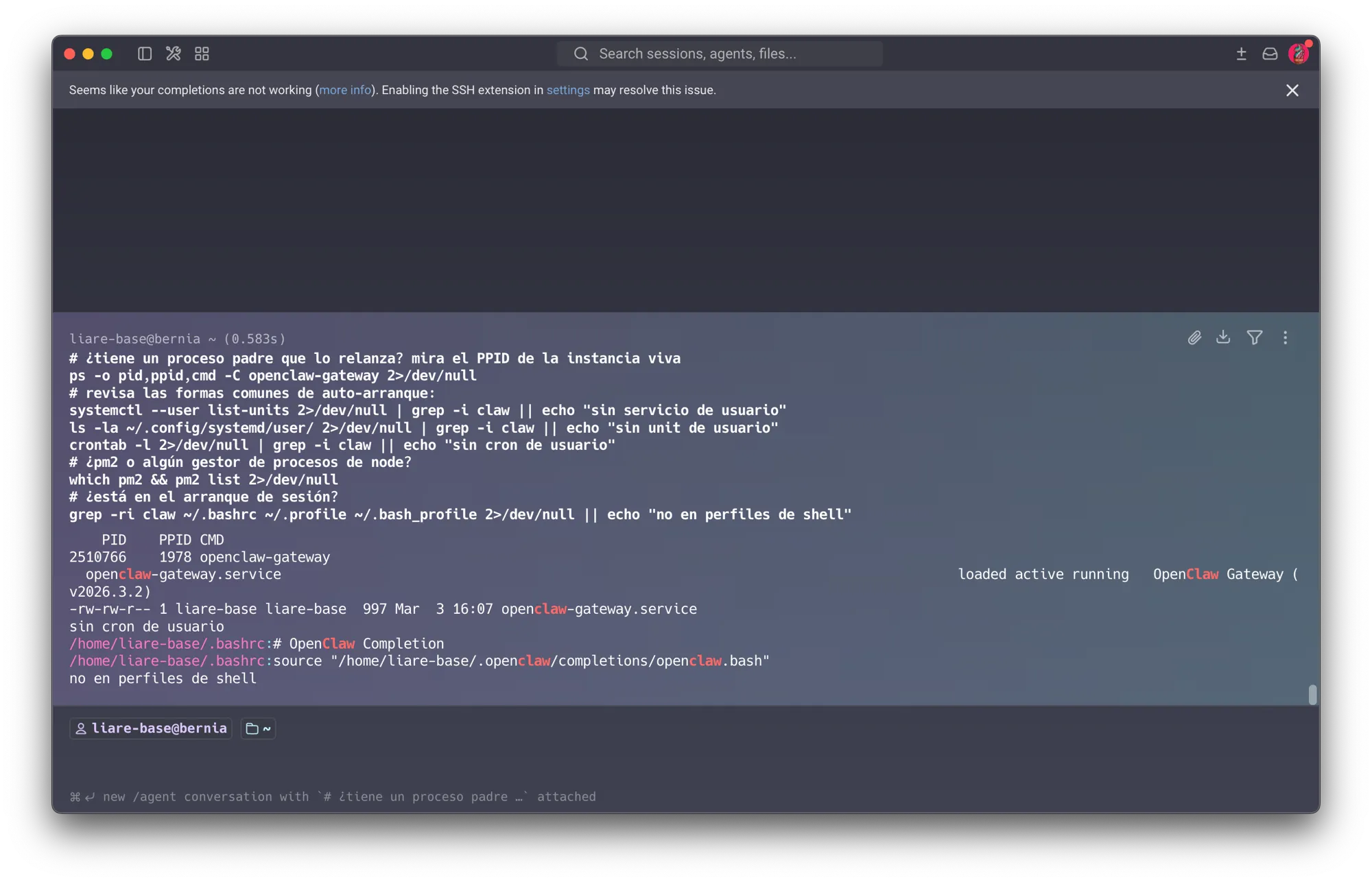 Tracing the persistence mechanism: PPID points to systemd (PID 1978), systemctl –user confirms openclaw-gateway.service loaded/active/running, and the unit file on disk is dated Mar 3 — the real installation date, not the recent uptime