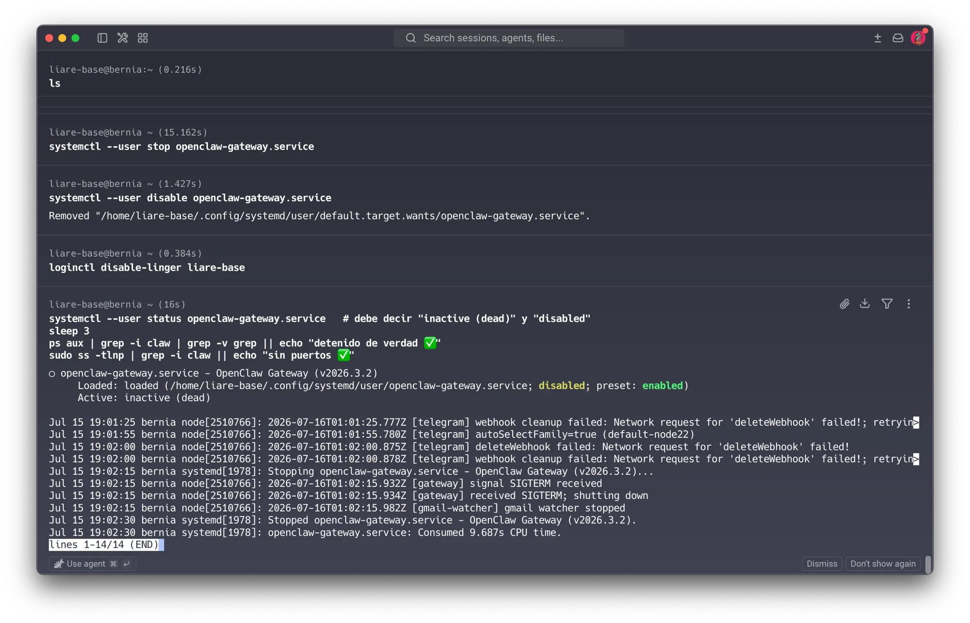 Stopping and disabling the service breaks the auto-restart for good; the status confirms inactive/disabled, and the systemd journal shows the Telegram webhook and gmail-watcher shutting down cleanly on SIGTERM