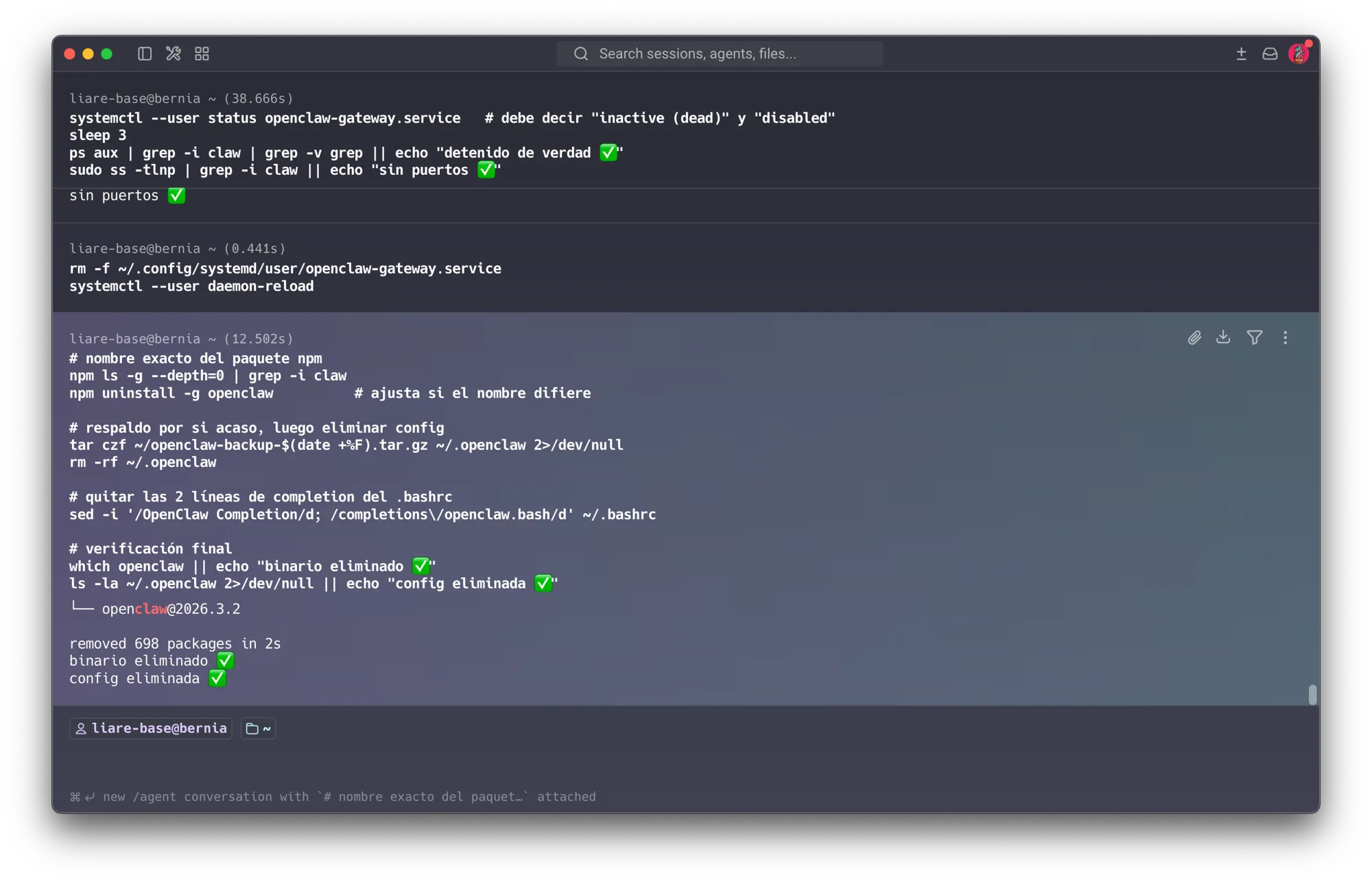 Removing the npm package (698 packages), backing up and deleting ~/.openclaw, cleaning the .bashrc completion hooks, and final verification that the binary and config are both gone