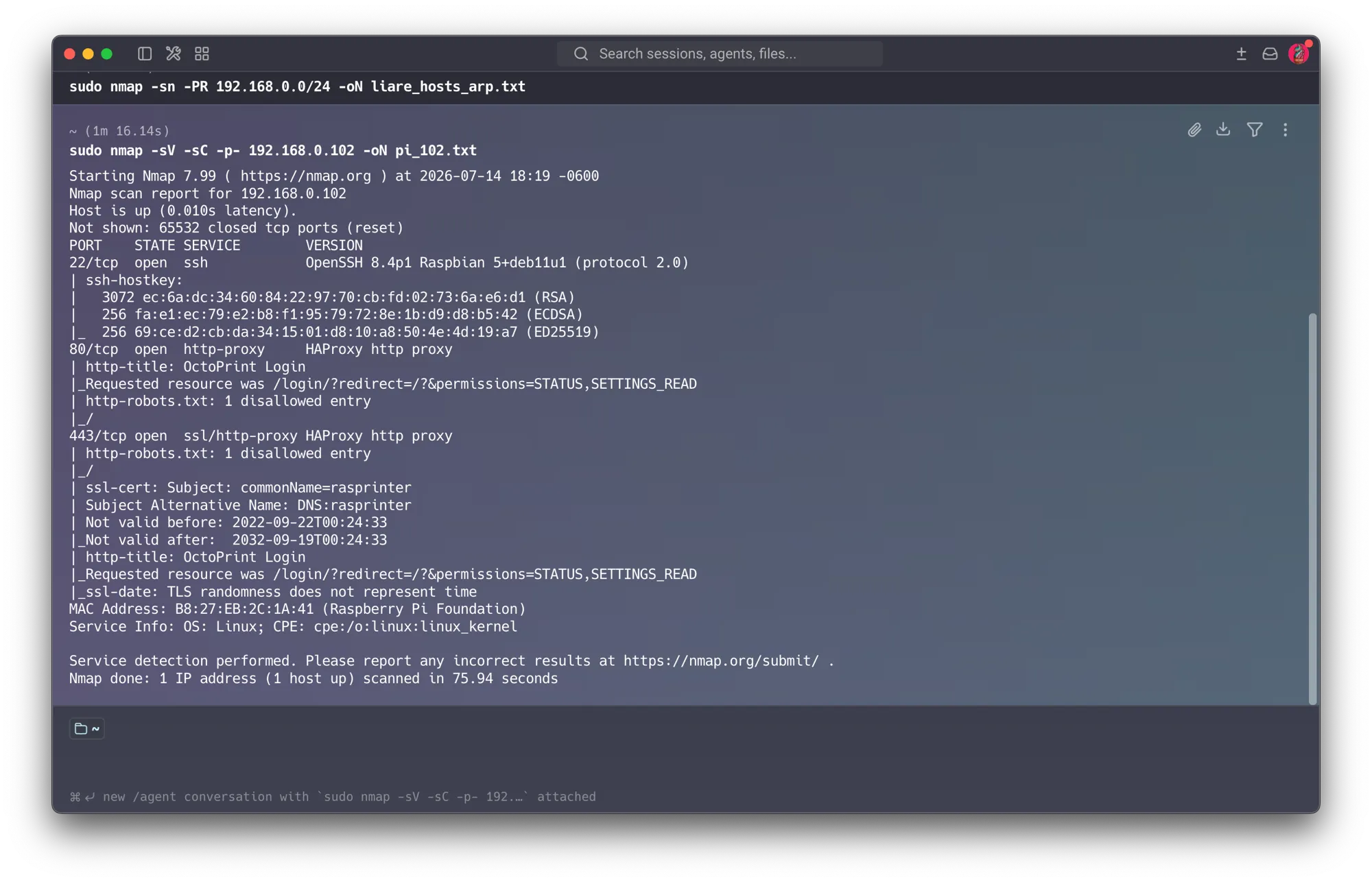 Full port scan of the Pi — OpenSSH 8.4p1 Raspbian with RSA/ECDSA/ED25519 host keys, and OctoPrint behind HAProxy on 80/443 with a self-signed cert (commonName=rasprinter) valid 2022–2032
