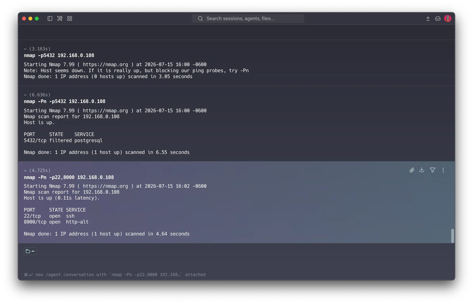 After the fix: the host stops answering ordinary ping discovery, and -Pn confirms 5432/tcp filtered while 22 and 8000 stay open — the database is closed, the legitimate services are untouched