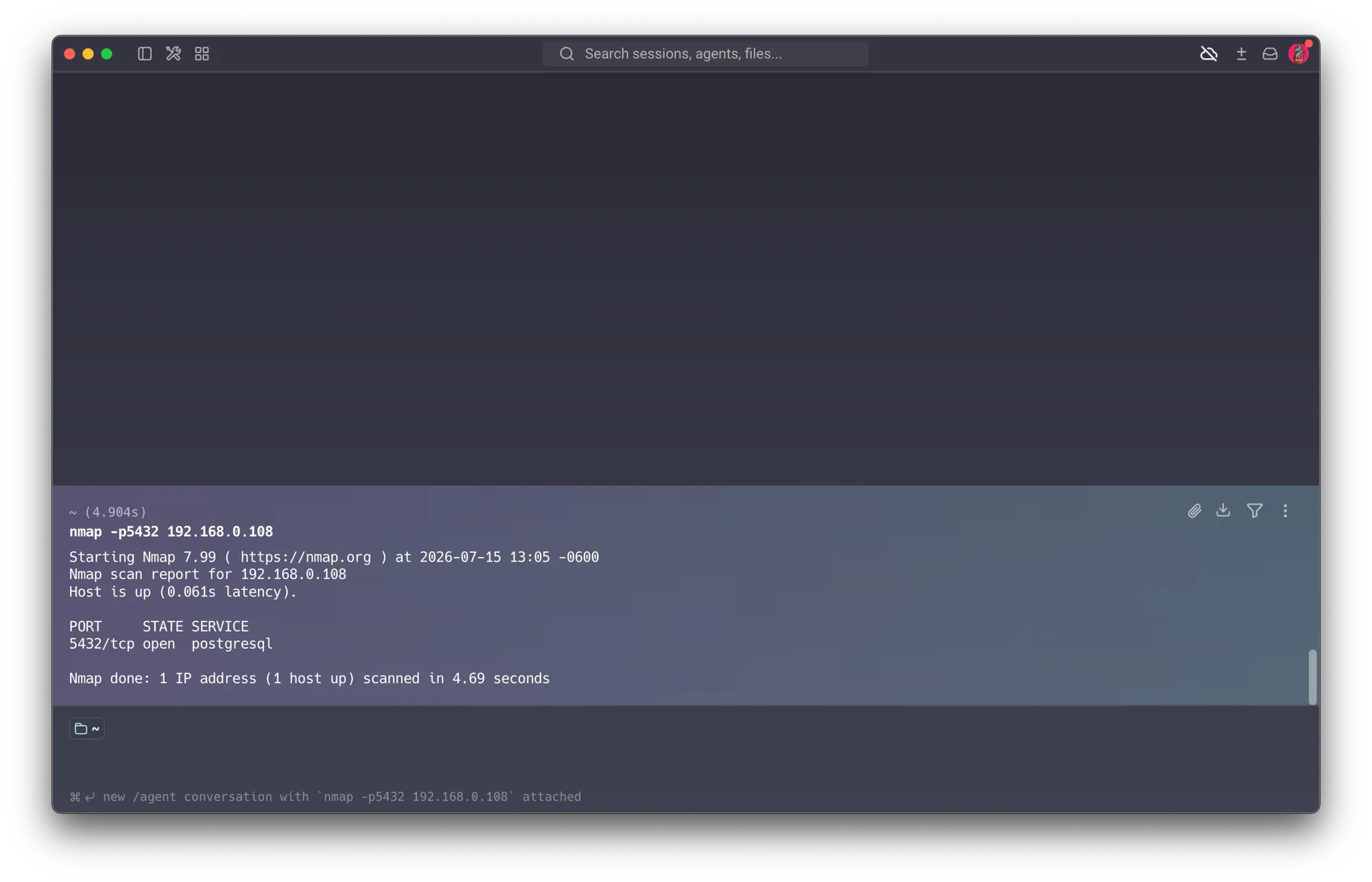 nmap -p5432 192.168.0.108 before the fix — 5432/tcp open postgresql