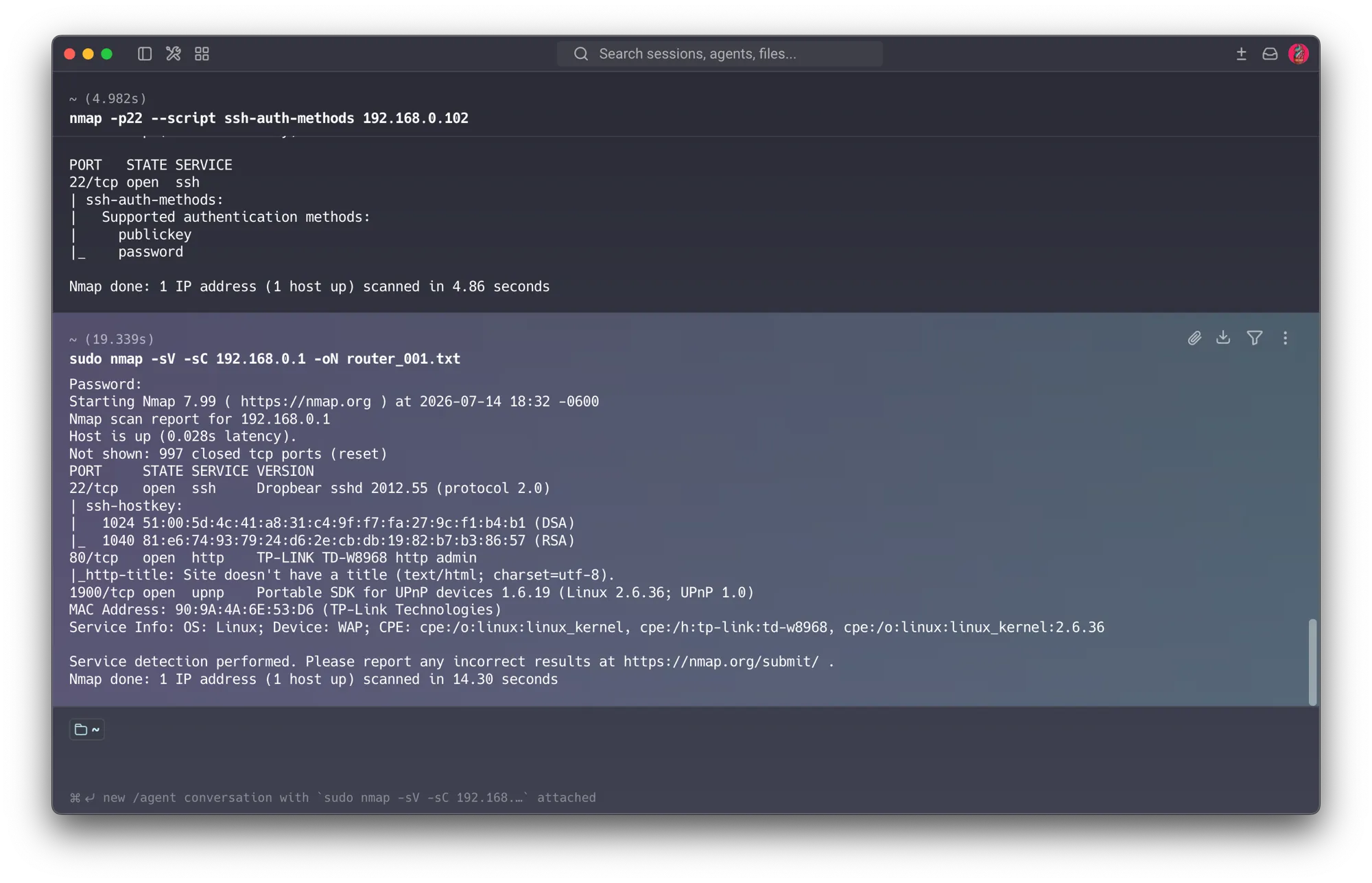 nmap service scan of the router — Dropbear sshd 2012.55 with DSA and RSA host keys, TP-LINK TD-W8968 http admin on port 80, and UPnP Portable SDK 1.6.19 on Linux 2.6.36