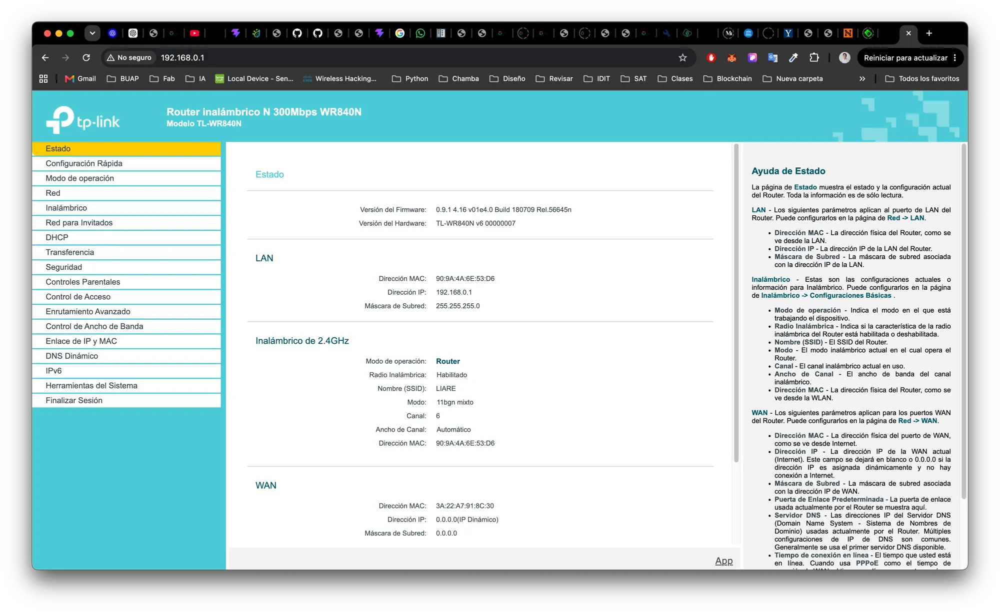 TP-Link WR840N router Estado (Status) page — firmware 0.9.1 Build 180709 (2018), LAN 192.168.0.1/24, wireless SSID LIARE, WAN address 0.0.0.0 (Dinámico, no uplink)