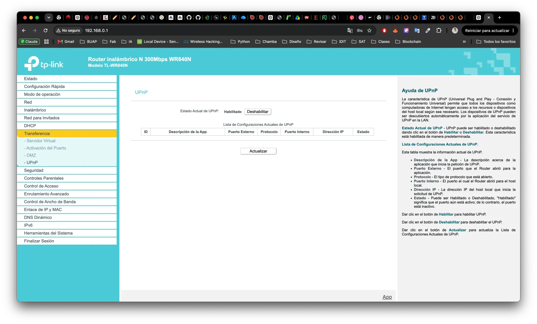 Router UPnP panel before: Estado Actual de UPnP — Habilitado