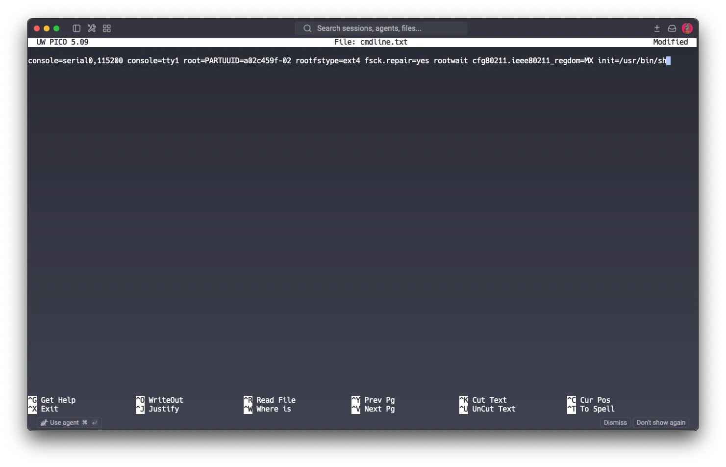 cmdline.txt on the Pi’s boot partition, edited on my Mac with init=/usr/bin/sh appended to force a root shell on next boot
