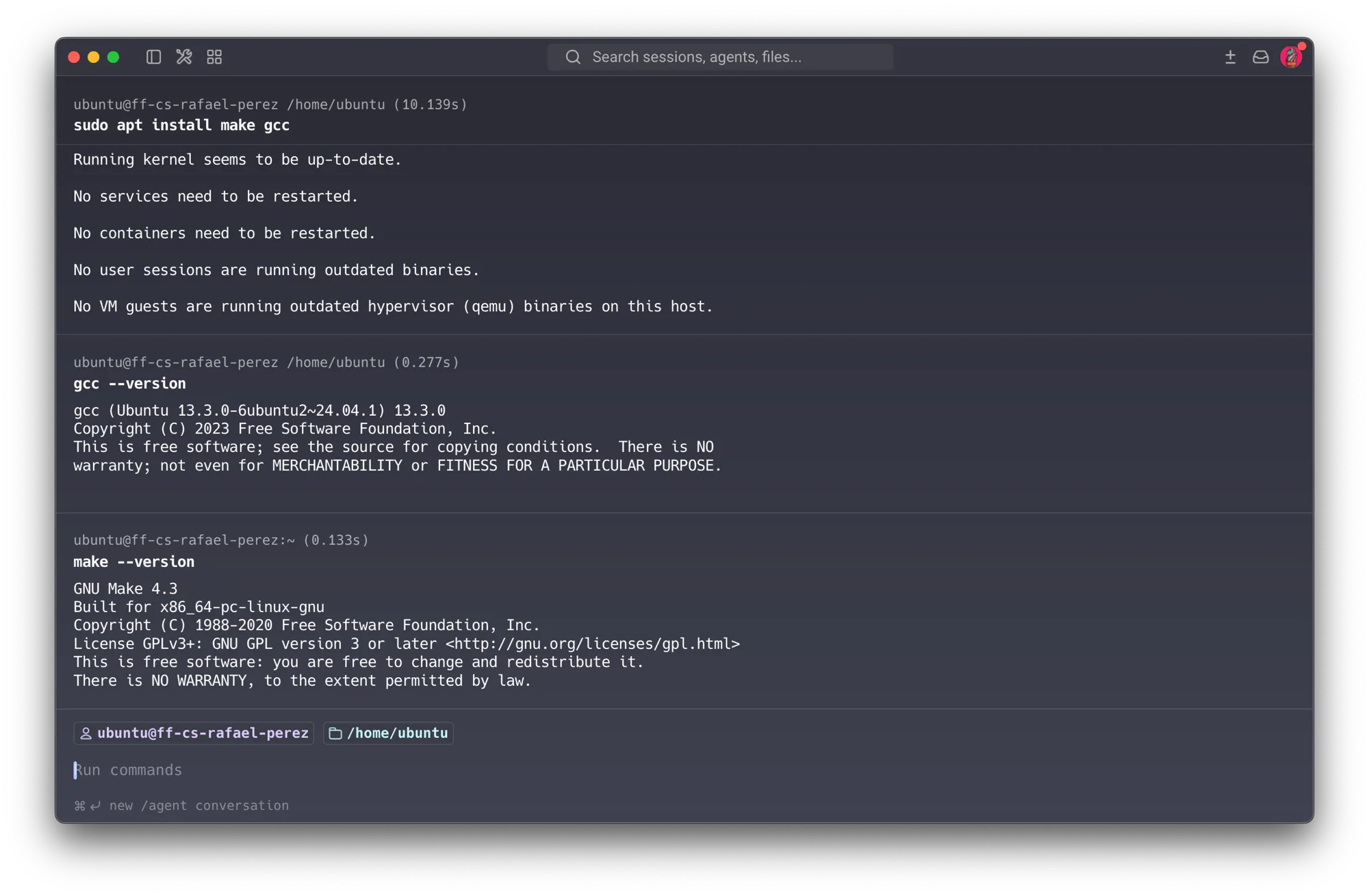 Course VM — sudo apt install make gcc (already up to date), then gcc --version showing GCC 13.3.0 and make --version showing GNU Make 4.3