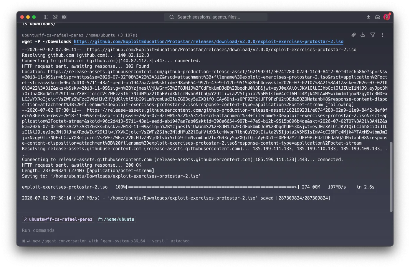 wget downloading the Protostar ISO — 274 MB at 107 MB/s, completed in 2.6s