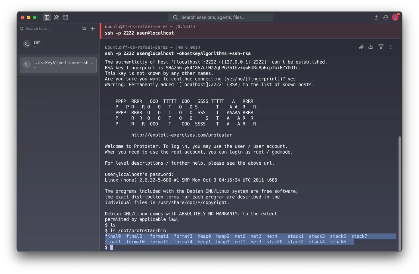 Successful SSH login to Protostar — ls /opt/protostar/bin listing all exercise binaries (stack0–7, format0–4, heap0–3, net0–4, final0–2)