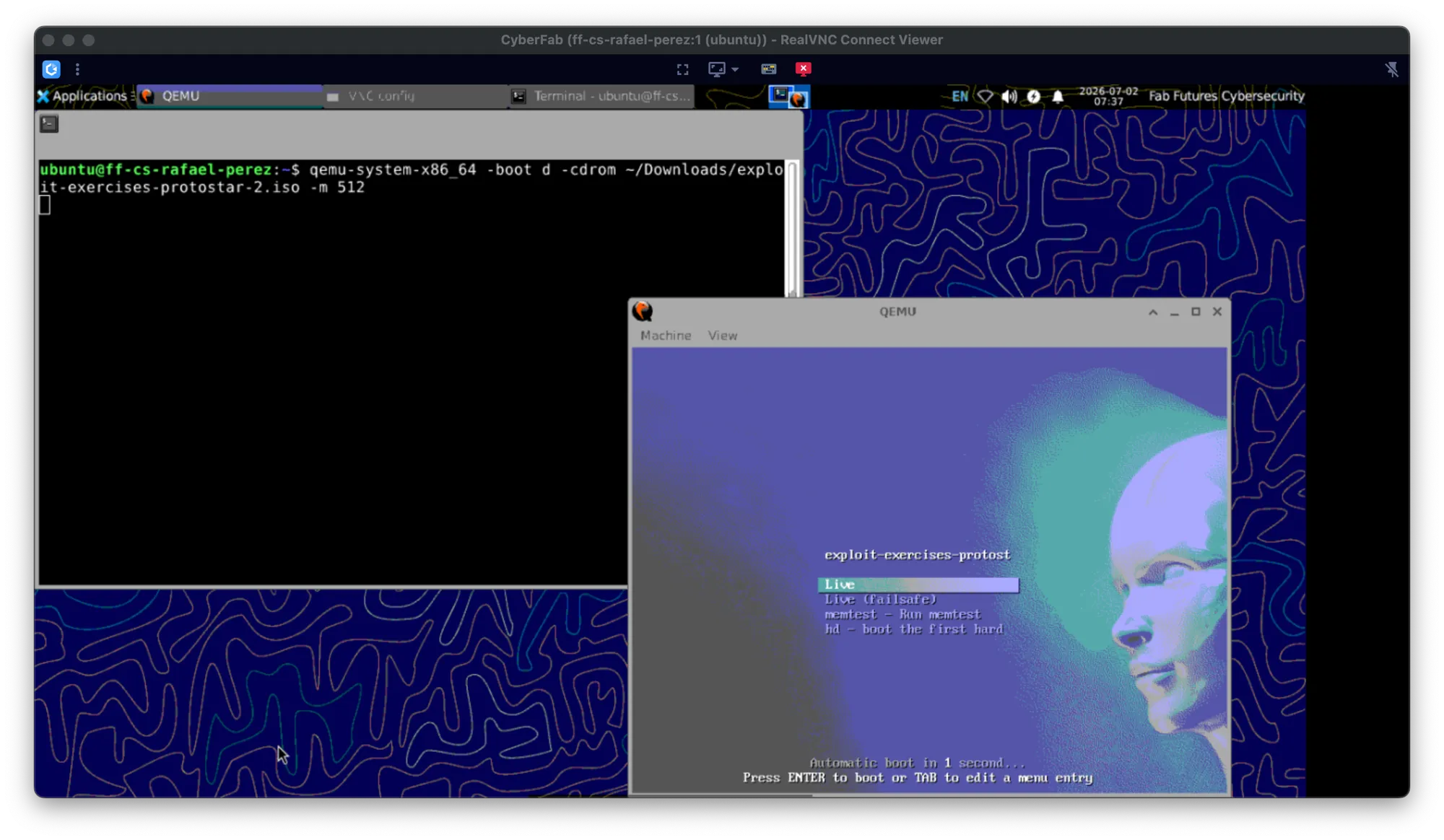 QEMU window inside VNC — Protostar boot menu with “Live” selected and 1-second auto-boot countdown